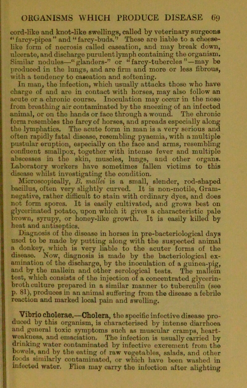cord-like and knot-like swellings, called by veterinary surgeons “ farcy-pipes ” and “ farcy-buds.” These are liable to a cheese- like form of necrosis called caseation, and may break down, ulcerate, and discharge purulent l3unph containing the organism. Similar nodules—“glanders-” or “farcy-tubercles”—may be produced in the lungs, and are firm and more or less fibrous, with a tendency to caseation and softening. In man, the infection, which usually attacks those who have charge of and are in contact with horses, may also follow an acute or a chronic course. Inoculation may occur in the nose from breathing air contaminated by the sneezing of an infected animal, or on the hands or face through a wound. The chronic form resembles the farcy of horses, and spreads especially along the lymphatics. The acute form in man is a very serious and often rapidly fatal disease, resembling pyaemia, with a multiple pustular eruption, especially on the face and arms, resembling confluent smallpox, together with intense fever and multiple abscesses in the skin, muscles, lungs, and other organs. Laboratory workers have sometimes fallen victims to this disease whilst investigating the condition. Microscopically, B. mallei is a small, slender, rod-shaped bacillus, often very slightly curved. It is non-motile. Gram- negative, rather dhficult to stain with ordinary dyes, and does not form s^res. It is easily cultivated, and grows best on glycorinated potato, upon which it gives a characteristic pale brown, syrupy, or honey-like growth. It is easily killed by heat and antiseptics. Diagnosis of the disease in horses in pre-bacteriological days used to be made by putting along with the suspected animal a donkey, which is very liable to the acuter forms of the disease. Now, diagnosis is made by the bacteriolo^iciil ex- amination of the discharge, by the inoculation of a guinea-pig, and by the mallein and other serological tests. The mallein test, which consists of the injection of a concentrated glycerin- broth culture prepared in a similar manner to tuberculin (see p. 81), produces in an animal sufl’ering from the disease a febrile reaction and marked local pain and swelling. Vibrio cholerae.—Cholera, the specific infective disease pro- duced by this organism, is characterised by intense diarrhoea and general toxic symptoms such as muscular cramps, heart- w^kness, and emaciation. The infection is usually carried by drinking water contaminated by infective excrement from the bowels, and by the eating of raw vegetables, salads, and other foods similarly contaminated, or wnich have been washed in infected water. Flies may carry the infection after alighting