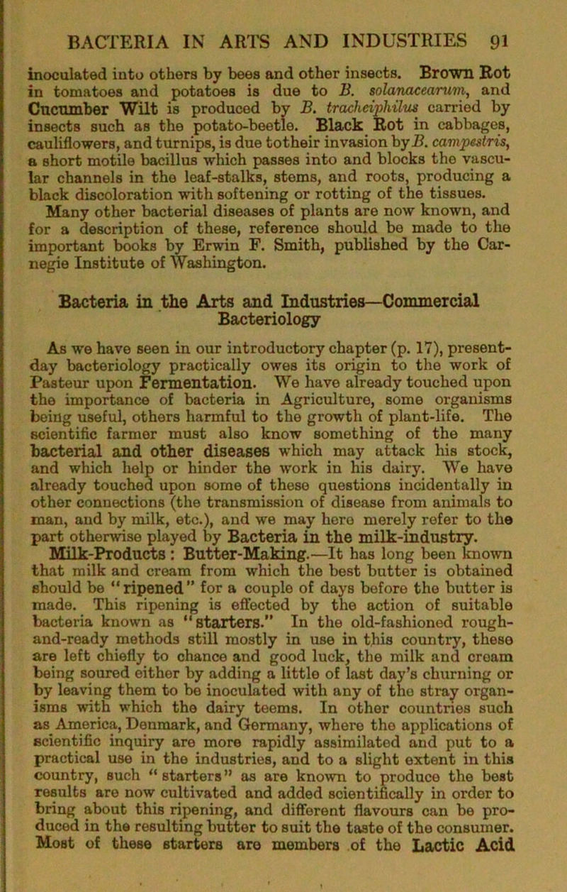 inoculated into others by bees and other insects. Brown Rot in tomatoes and potatoes is due to B. solanacearum, and CucTunber Wilt is produced by B, tracheiphilm carried by insects such as the potato-beetle. Black Rot in cabbages, cauliflowers, and turnips, is due totheir invasion hyB. campestriSf a short motile bacillus which passes into and blocks the vascu- lar channels in the leaf-stalks, stems, and roots, producing a black discoloration with softening or rotting of the tissues. Many other bacterial diseases of plants are now known, and for a description of these, reference should bo made to the important books by Erwin F. Smith, published by the Car- negie Institute of Washington. Bacteria in the Arts and Industries—Commercial Bacteriology As we have seen in our introductory chapter (p, 17), present- day bacteriology practically owes its origin to the work of Pasteur upon Fermentation. We have already touched upon the importance of bacteria in Agriculture, some organisms being useful, others harmful to the growth of plant-life. The scientific farmer must also know something of the many bacterial and other diseases which may attack his stock, and which help or hinder the work in his dairy. We have already touched upon some of these questions incidentally in other connections (the transmission of disease from animals to man, and by milk, etc.), and we may hero merely refer to the part otherwise played by Bacteria in the milk-industry. Milk-Products: Butter-Making.—It has long been known that milk and cream from which the best butter is obtained should be “ripened” for a couple of days before the butter is made. This ripening is effected by the action of suitable bacteria known as “starters.” In the old-fashioned rough- and-ready methods still mostly in use in this country, these are left chiefly to chance and good luck, the milk and cream being soured either by adding a little of last day’s churning or by leaving them to be inoculated with any of the stray organ- isms with which the dairy teems. In other countries such as America, Denmark, and Germany, where the applications of scientific inquiry are more rapidly assimilated and put to a practical use in the industries, and to a slight extent in this country, such “ starters ” as are known to produce the best results are now cultivated and added scientifically in order to bring about this ripening, and different flavours can be pro- duced in the resulting butter to suit the taste of the consumer. Most of these starters are members of the Lactic Acid