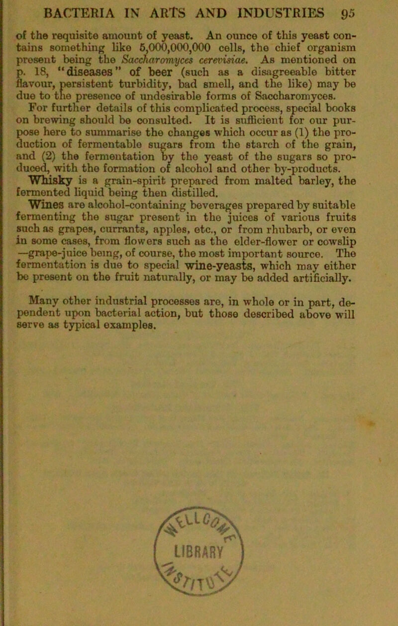 of the requisite amount of yeast. An ounce of this yeast con- tains something like 6,000,000,000 cells, the chief organism present being the Saccharomyces cerevisiae. As mentioned on p. 18, “ diseases ” of beer (such as a disagreeable bitter flavour, persistent turbidity, bad smell, and the like) may be due to the presence of undesirable forms of Saccharomyces. For further details of this complicated process, special books on brewing should be consulted. It is suflicient for our pur- pose here to summarise the changes which occur as (1) the pro- duction of fermentable sugars from the starch of the grain, and (2) the fermentation by the yeast of the sugars so pro- duced, with the formation or alcohol and other by-products. Whisky is a grain-spirit prepared from malted barley, the fermented liquid being then distilled. Wines are alcohol-containing beverages prepared by suitable fermenting the sugar present in the juices of various fruits such as grapes, currants, apples, etc., or from rhubarb, or even in some cases, from flowers such as the elder-flower or cowslip —grape-juice being, of course, the most important source. The fermentation is due to special wine-yeasts, which may either bo present on the fruit naturally, or may be added artificially. Many other industrial processes are, in whole or in part, de- pendent upon bacterial action, but those described above will serve as typical examples.