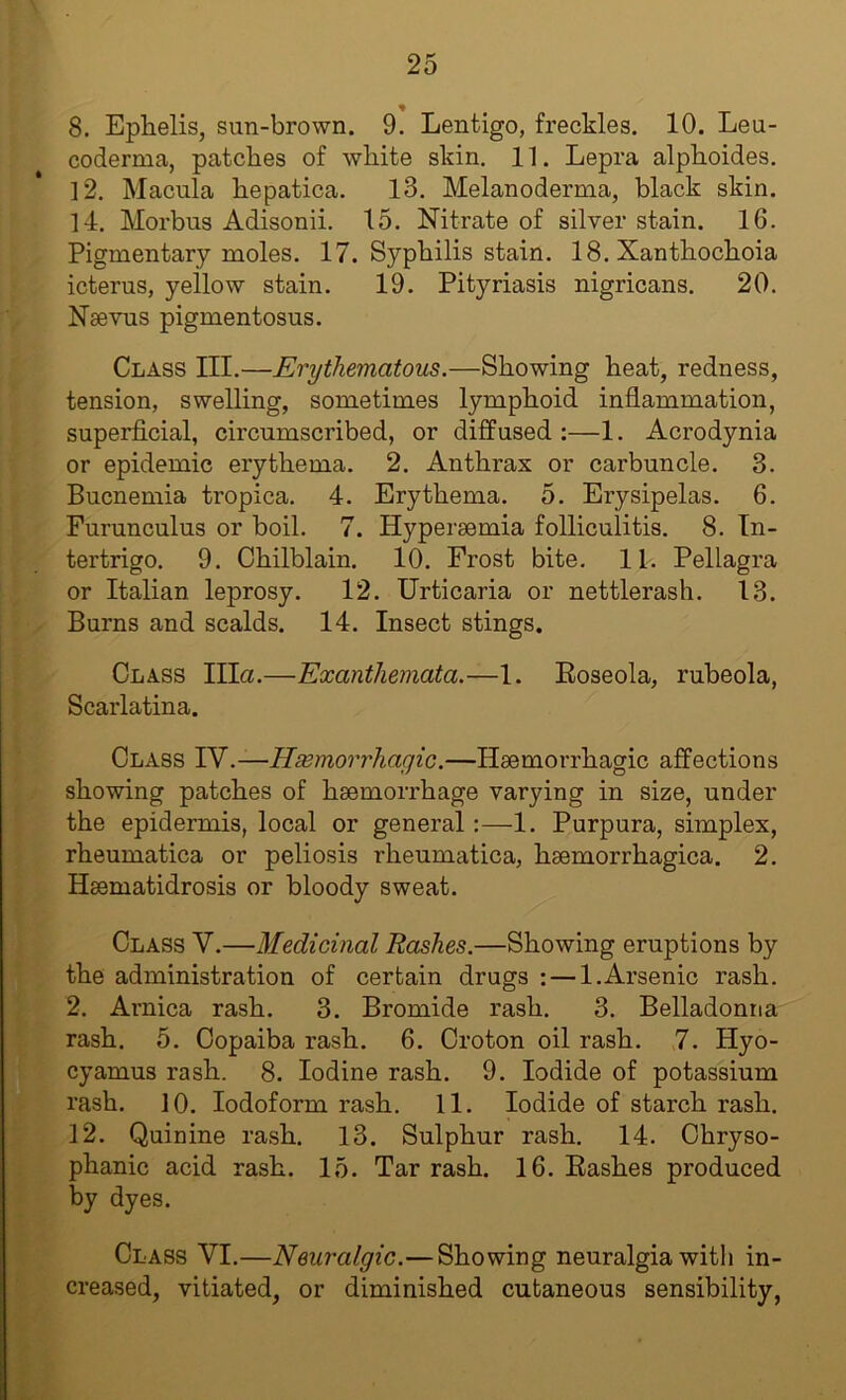 8. Ephelis, sun-brown. 9. Lentigo, freckles. 10. Leu- coderma, patches of white skin. 11. Lepra alphoides. l2. Macula hepatica. 13. Melanoderma, black skin. 14. Morbus Adisonii. 15. Nitrate of silver stain. 16. Pigmentary moles. 17. Syphilis stain. 18. Xanthochoia icterus, yellow stain. 19. Pityriasis nigricans. 20. Nsevus pigmentosus. Class III.—Erythematous.—Showing heat, redness, tension, swelling, sometimes lymphoid inflammation, superficial, circumscribed, or diffused :—1. Acrodynia or epidemic erythema. 2. Anthrax or carbuncle. 3. Bucnemia tropica. 4. Erythema. 5. Erysipelas. 6. Furunculus or boil. 7. Hypersemia folliculitis. 8. In- tertrigo. 9. Chilblain. 10. Frost bite. 11. Pellagra or Italian leprosy. 12. Urticaria or nettlerash. 13. Burns and scalds. 14. Insect stings. Class Ilia.—Exanthemata.—1. Eoseola, rubeola. Scarlatina. Class IV.—Hemorrhagic.—Haemorrhagic affections showing patches of haemorrhage varying in size, under the epidermis, local or general:—1. Purpura, simplex, rheumatica or peliosis rheumatica, haemorrhagica. 2. Haematidrosis or bloody sweat. Class V.—Medicinal Rashes.—Showing eruptions by the administration of certain drugs ; — 1.Arsenic rash. 2. Arnica rash. 3. Bromide rash. 3. Belladonna rash. 5. Copaiba rash. 6. Croton oil rash. 7. Hyo- cyamus rash. 8. Iodine rash. 9. Iodide of potassium rash. 10. Iodoform rash. 11. Iodide of starch rash. 12. Quinine rash. 13. Sulphur rash. 14. Ohryso- phanic acid rash. 15. Tar rash. 16. Bashes produced by dyes. Class VI.—Neuralgic.— Showing neuralgia with in- creased, vitiated, or diminished cutaneous sensibility,