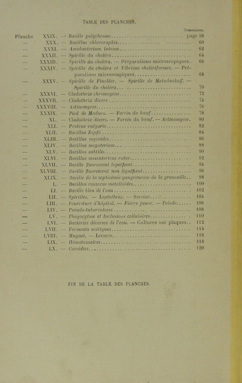 Sommaires. Planche \\1X. — Bacille polychrome page HH — XXX. — Bacilluschlororaphis 60 — XXXI. — Asoobacterium luteum, 62 — XXX11. — Spirille du choléra 64 — XXX1U. — Spirille du choléra. — Préparations microscopiques. 66 XXXIV. — Spirille du choléra cl Vibrions cholériformes. — Pré- parations microscopiques 68 — XXXV. — Spirille de Finckler. ■— Spirille de Melscliniho/f. — Spirille du choléra 70 XXXVI. — Cladothrix chromogène 72 XXXVII. — Cladothrix divers 74 XXXVIII. — Adinomyces 76 XXXIX. — Pied de Madura. — Farcin du bœuf 78 — XL. — Cladothrix divers. — Farcin du bœuf. — Adinomyces. 80 — XLI. — Proteus vidgaris 82 XL1I. — Bacillus Zopfii 84 XL1II. — Bacillus mycoïdes 86 XLIV. — Bacillus megaterium 88 — XLV. — Bacillus subtilis 90 — XLVI. — Bacillus mesentericus ruber . 92 — XLVII. — Bacille fluorescent liquéfiant 94 XLVIII. — Bacille fluorescent non liquéfiant 96 XL1X. — Bacille de la septicémie gangreneuse de la grenouille.. 98 — L. — Bacillus rosaceus métalloïdes 100 — LI. ■— Bacille bleu de l'eau 102 — L1I. — Spirilles. — Leptothrix.—- Sarcine... 104 — LI1I. — Pourriture d'hôpital. — Fièvre jaune. — Pelade 106 LIV. — Pseudo-tuberculoses 108 — LV. — Phagocytose et Inclusions cellulaires 110 — LVI. - Bactéries diverses de l’eau. — Cultures sur plaques.. 112 — LVII. — Ferments acétiques 114 — LVI1I. — Muguet.—Levures 116 — L1X. — Hématozoaires... 118 — LX. — Coccidies 120 FIN DE LA TABLE DES PLANCHES.