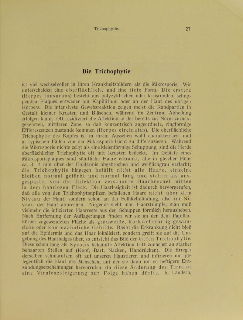 Die Trichophytie ist viel wechselvoller in ihren Krankheitsbildern als die Mikrosporie. Wir unterscheiden eine oberflächliche und eine tiefe Form, Die erstere (Herpes tonsurans) besteht aus polyzyklischen oder kreisrunden, schup- penden Plaques entweder am Kapillitium oder an der Haut des übrigen Körpers. Die intensivste Gewebsreaktion zeigen meist die Randpartien in Gestalt kleiner Krusten und Bläschen, während im Zentrum Abheilung erfolgen kann. Oft rezidiviert die Affektion in der bereits zur Norm zurück- gekehrten, mittleren Zone, so daß konzentrisch angeordnete, ringförmige Effloreszenzen zustande kommen (Herpes circinatus). Die oberflächliche Trichophytie des Kopfes ist in ihrem Aussehen wohl charakterisiert und in typischen Fällen von der Mikrosporie leicht zu differenzieren. Während die Mikrosporie nichts zeigt als eine kleienförmige Schuppung, sind die Herde oberflächlicher Trichophytie oft mit Krusten bedeckt. Im Gebiete eines Mikrosporieplaques sind sämtliche Haare erkrankt, alle in gleicher Höhe ca, 3—4 mm über der Epidermis abgebrochen und weißlichgrau verfärbt; die Trichophytie hingegen befällt nicht alle Haare, einzelne bleiben normal gefärbt und normal lang und stehen als aus- gesparte, von der Infektion verschonte Haarbüschel mitten in dem haarlosen Fleck, Die Haarlosigkeit ist dadurch hervorgerufen, daß alle von den Trichophytonpilzen befallenen Haare nicht über dem Niveau der Haut, sondern schon an der Follikelmündung, also im Ni- veau der Haut abbrechen. Nirgends sieht man Haarstümpfe, man muß vielmehr die infizierten Haarreste aus den Schuppen förmlich herausheben. Nach Entfernung der Auflagerungen finden wir sie an der dem Papillar- körper zugewendeten Fläche als grauweiße, korkzieherartig gewun- dene oder kommaähnliche Gebilde. Bleibt die Erkrankung nicht bloß auf die Epidermis und das Haar lokalisiert, sondern greift sie auf die Um- gebung des Haarbalges über, so entsteht das Bild der tiefen Trichophytie. Diese schon lang als Sycosis bekannte Affektion tritt zunächst an stärker behaarten Stellen auf (Kopf, Bart, Nacken, Handrücken). Die Erreger derselben schmarotzen oft auf unseren Haustieren und infizieren nur ge- legentlich die Haut des Menschen, auf der sie dann um so heftigere Ent- zündungserscheinungen hervorrufen, da diese Änderung des Terrains eine Virulenzsteigerung zur Folge haben dürfte, ln Ländern,