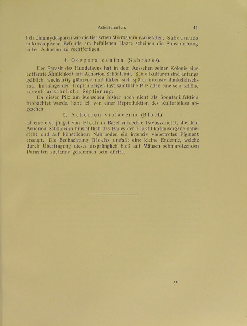 lieh Chlamydosporen wie die tierischen Mikrosporonvarietäten. Saboiirauds mikroskopische Befunde am befallenen Haare scheinen die Subsumierung unter Achorion zu rechtfertigen. 4. Oospora canina (Sabrazes). Der Parasit des Hundefavus hat in dem Aussehen seiner Kolonie eine entfernte Ähnlichkeit mit Achorion Schönleinii. Seine Kulturen sind anfangs gelblich, wachsartig glänzend und färben sich später intensiv dunkelkirsch- rot. Im hängenden Tropfen zeigen fast sämtliche Pilzfäden eine sehr schöne rosenkranzähnliche Septierung. Da dieser Pilz am Menschen bisher noch nicht als Spontaninfektion beobachtet wurde, habe ich von einer Reproduktion des Kulturbildes ab- gesehen. 5. Achorion violaceum (Bloch) ist eine erst jüngst von Bloch in Basel entdeckte Favusvarietät, die dem Achorion Schönleinii hinsichtlich des Baues der Fruktifikationsorgane nahe- steht und auf künstlichem Nährboden ein intensiv violettrotes Pigment erzeugt. Die Beobachtung Blochs umfaßt eine kleine Endemie, welche durch Übertragung dieses ursprünglich bloß auf Mäusen schmarotzenden Parasiten zustande gekommen sein dürfte. 3*
