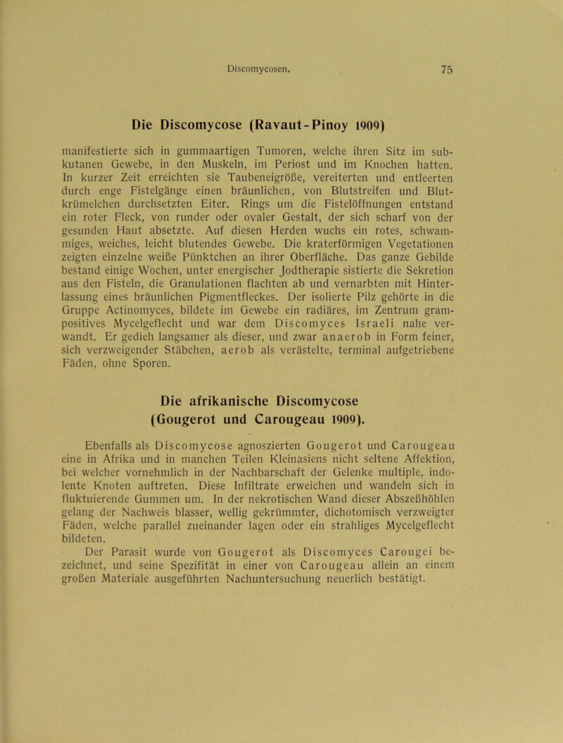 Die Discomycose (Ravaut-Pinoy 1909) manifestierte sich in gummaartigen Tumoren, welche ihren Sitz im sub- kutanen Gewebe, in den Muskeln, im Periost und im Knochen hatten, ln kurzer Zeit erreichten sie Taubeneigröße, vereiterten und entleerten durch enge Fistelgänge einen bräunlichen, von Blutstreifen und Blut- krümelchen durchsetzten Eiter. Rings um die Fistelöffnungen entstand ein roter Fleck, von runder oder ovaler Gestalt, der sich scharf von der gesunden Haut absetzte. Auf diesen Herden wuchs ein rotes, schwam- miges, weiches, leicht blutendes Gewebe. Die kraterförmigen Vegetationen zeigten einzelne weiße Pünktchen an ihrer Oberfläche. Das ganze Gebilde bestand einige Wochen, unter energischer Jodtherapie sistierte die Sekretion aus den Fisteln, die Granulationen flachten ab und vernarbten mit Hinter- lassung eines bräunlichen Pigmentfleckes. Der isolierte Pilz gehörte in die Gruppe Actinomyces, bildete im Gewebe ein radiäres, im Zentrum gram- positives Mycelgeflecht und war dem Discomyces Israeli nahe ver- wandt. Er gedieh langsamer als dieser, und zwar anaerob in Form feiner, sich verzweigender Stäbchen, aerob als verästelte, terminal aufgetriebene Fäden, ohne Sporen. Die afrikanische Discomycose (Gougerot und Carougeau 1909). Ebenfalls als Discomycose agnoszierten Gougerot und Carougeau eine in Afrika und in manchen Teilen Kleinasiens nicht seltene Affektion, bei welcher vornehmlich in der Nachbarschaft der Gelenke multiple, indo- lente Knoten auftreten. Diese Infiltrate erweichen und wandeln sich in fluktuierende Gummen um. In der nekrotischen Wand dieser Abszeßhöhlen gelang der Nachweis blasser, wellig gekrümmter, dichotomisch verzweigter Fäden, welche parallel zueinander lagen oder ein strahliges Mycelgeflecht bildeten. Der Parasit wurde von Gougerot als Discomyces Carougei be- zeichnet, und seine Spezifität in einer von Carougeau allein an einem großen Materiale ausgeführten Nachuntersuchung neuerlich bestätigt.