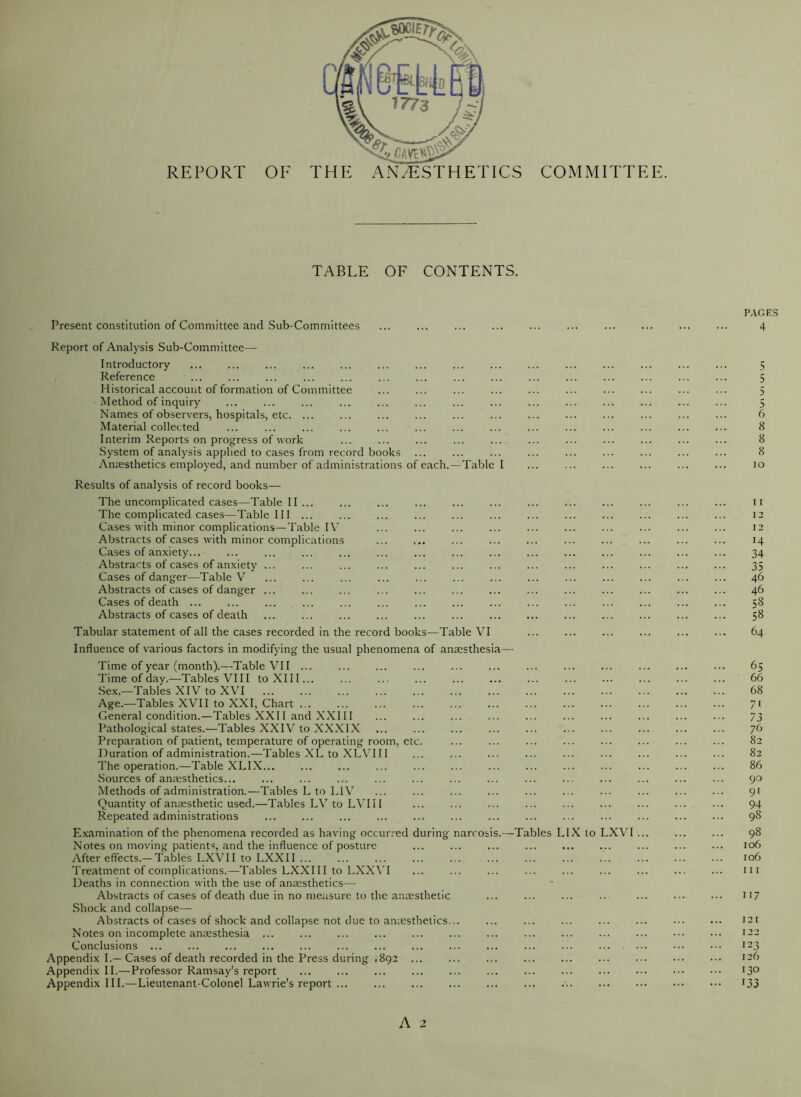 REPORT OF THE ANAESTHETICS COMMITTEE. TABLE OF CONTENTS. PAGES Present constitution of Committee and Sub-Committees ... ... ... ... 4 Report of Analysis Sub-Committee— Introductory ... ... ... ... ... ... ... ... ... ... ... ... ... ... ... 5 Reference ... ... ... ... ... ... 5 Historical account of formation of Committee ... ... ... ... ... ... ... ... ... ••• 5 Method of inquiry ... ... ... ... ... ... ... ... ... ... ... ... ... ... 5 Names of observers, hospitals, etc ... ... ... ... ... 6 Material collected ... ... ... ... ... ... ... ... ... ... ... ... ... ... 8 Interim Reports on progress of work ... ... ... ... ... ... ... ... ... ... ... 8 System of analysis applied to cases from record books ... ... ... ... ... 8 Anaesthetics employed, and number of administrations of each.—Table I ... ... ... ... ... ... 10 Results of analysis of record books— The uncomplicated cases—Table II ... ... ... ... it The complicated cases—Table 111 ... ... ... ... ... ... ... ... ... ... ... ... 12 Cases with minor complications—Table IV ... ... ... ... ... ... ... ... ... ... 12 Abstracts of cases with minor complications ... ... ... ... ... ... ... ... ... ... 14 Cases of anxiety... ... ... ... ... ... ... ... ... ... ... ... ... ... ... 34 Abstracts of cases of anxiety ... ... ... 35 Cases of danger—Table V ... ... ... ... ... ... ... ... ... ... ... ... ... 46 Abstracts of cases of danger ... ... ... ... ... ... ... ... ... ... ... ... ... 46 Cases of death 58 Abstracts of cases of death ... ... ... ... ... ... ... ... 58 Tabular statement of all the cases recorded in the record books—Table VI 64 Influence of various factors in modifying the usual phenomena of anaesthesia— Time of year (month).—Table VII ... ... ... 65 Time of day.—Tables VIII to XIII 66 Sex.—Tables XIV to XVI 68 Age.—Tables XVII to XXI, Chart 7> General condition.—Tables XXII and XXIII ... ... ... ... ... ... ... ... ... ... 73 Pathological states.—Tables XXIV to XXXIX ... 76 Preparation of patient, temperature of operating room, etc. 82 Duration of administration.—Tables XL to XLVIII ... 82 The operation.—Table XLIX 86 Sources of anaesthetics ... ... ... ... ... 90 Methods of administration.—Tables L to LIV ... ... ... ... 9t Quantity of anaesthetic used.—Tables LV to LVIi I ... 94 Repeated administrations ... ... 98 Examination of the phenomena recorded as having occurred during narcosis.—Tables L1X to LXVI ... ... ... 98 Notes on moving patients and the influence of posture 106 After effects.—Tables LXVII to LXXII ... ... ... ... ... ... ... ... ... ... ... ... 106 Treatment of complications.—Tables LXXIII to LXXVI ... ... nx Deaths in connection with the use of anaesthetics— Abstracts of cases of death due in no measure to the anaesthetic ... ... ... .. 1x7 Shock and collapse— Abstracts of cases of shock and collapse not due to anaesthetics... ... ... ... ... ... ... ... 121 Notes on incomplete anaesthesia 122 Conclusions ... ... 123 Appendix I.—Cases of death recorded in the Press during .892 ... ... ... ... ... ... ... ••• ••• 126 Appendix II.—Professor Ramsay’s report X3° Appendix III.—Lieutenant-Colonel Lawrie’s report . 133 A 2