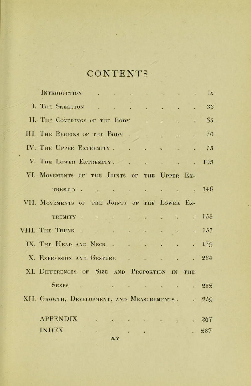 CONTENTS Introduction • • ■ ix I. The Skeleton • . 33 II. The Coverings of the Body • • • 65 III. The Regions of the Body . • • • 70 IV. The Upper Extremity . • *• • 7 3 V. The Lower Extremity . • • • 103 VI. Movements of the Joints OF THE Upper Ex- TREMITY . . . . • • • 146 VII. Movements of the Joints OF THE Lower Ex- TREMITY . . . . • • • 153 VIII. The Trunk . . . . • • ■ 157 IX. The Head and Neck . • • • 179 X. Expression and Gesture • • • 234 XI. Differences of Size and Proportion in THE Sexes . . . . • • • 252 XII. Growth, Development, and Measurements . • 259 APPENDIX , • • . 267 INDEX . % • 287