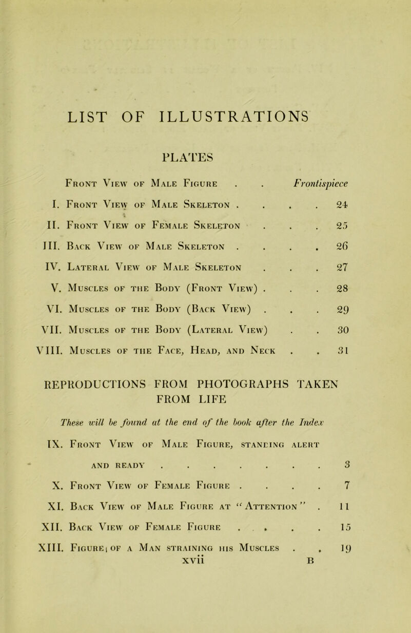 PLATES Front View of Male Figure I. Front View of Male Skeleton . II. Front View of Female Skeleton III. Back Viewt of Male Skeleton IV. Lateral View of Male Skeleton V. Muscles of the Body (Front View) . VI. Muscles of the Body (Back View) VII. Muscles of the Body (Lateral View) VIII. Muscles of the Face, Head, and Neck Frontispiece 24 25 26 . 27 28 29 30 31 REPRODUCTIONS FROM PHOTOGRAPHS TAKEN FROM LIFE These will he found at the end of the hook after the Index IX. Front View of Male Figure, standing alert AND READY ....... 3 X. Front View of Female Figure .... 7 XI. Back View of Male Figure at “Attention” . 11 XII. Back View of Female Figure . . . .15 XIII. Figureiof a Man straining ids Muscles . . Ip
