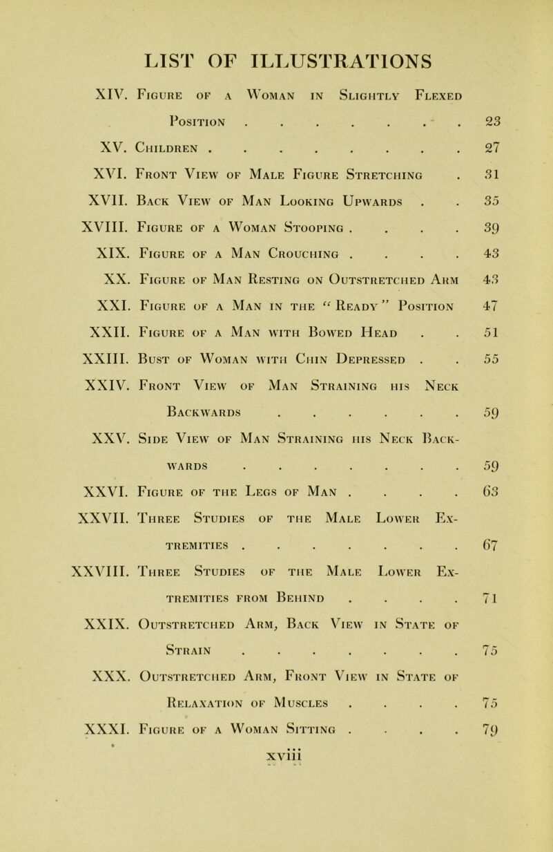 XIV. Figure of a Woman in Slightly Flexed Position ....... 23 XV. Children ........ 27 XVI. Front View of Male Figure Stretching . 31 XVII. Back View of Man Looking Upwards . . 35 XVIII. Figure of a Woman Stooping .... 39 XIX. Figure of a Man Crouching .... 43 XX. Figure of Man Resting on Outstretched Arm 43 XXI. Figure of a Man in the “ Ready” Position 47 XXII. Figure of a Man with Bowed Head . . 51 XXIII. Bust of Woman with Chin Depressed . . 55 XXIV. Front View of Man Straining iiis Neck Backwards ...... 59 XXV. Side Viewf of Man Straining his Neck Back- wards ....... 59 XXVI. Figure of the Legs of Man .... 63 XXVII. Three Studies of the Male Lower Ex- tremities ....... 6 7 XXVIII. Three Studies of the Male Lower Ex- tremities from Behind . . . .71 XXIX. Outstretched Arm, Back View in State of Strain . . . . . . .75 XXX. Outstretched Arm, Front View in State of Relaxation of Muscles . . . .75 XXXI. Figure of a Woman Sitting . . . *79