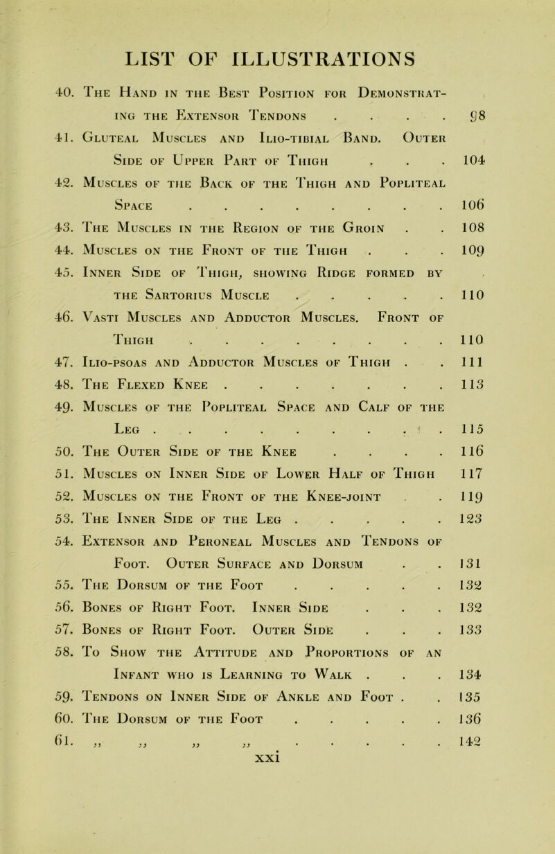 40. The Hand in the Best Position for Demonstrat- ing the Extensor Tendons . . . fJ8 41. Gluteal Muscles and Ilio-tidial Band. Outer Side of Upper Part of Thigh . . . 104 42. Muscles of the Back of the Thigh and Popliteal Space . . . . . . . .106 43. The Muscles in the Region of the Groin . .108 44. Muscles on the Front of the Thigh . . . 10,9 45. Inner Side of Thigh, showing Ridge formed by the Sartorius Muscle . . . . .110 46. Vasti Muscles and Adductor Muscles. Front of Thigh . . . . . . . .110 47. Ilio-psoas and Adductor Muscles of Thigh . . Ill 48. The Flexed Knee . . . . . . .113 49- Muscles of the Popliteal Space and Calf of the Leg . . . . . . . . . 11 d 50. The Outer Side of the Knee . . . . 116 51. Muscles on Inner Side of Lower Half of Thigh 11T 52. Muscles on the Front of the Knee-joint 119 53. The Inner Side of the Leg . . . . .123 54. Extensor and Peroneal Muscles and Tendons of Foot. Outer Surface and Dorsum . . 131 55. The Dorsum of the Foot . . . . .132 56. Bones of Right Foot. Inner Side . . .132 57. Bones of Right Foot. Outer Side . . .133 58. To Show the Attitude and Proportions of an Infant who is Learning to Walk . . . 134 59. Tendons on Inner Side of Ankle and Foot . .135 6(). The Dorsum of the Foot . . . . .136 61 140