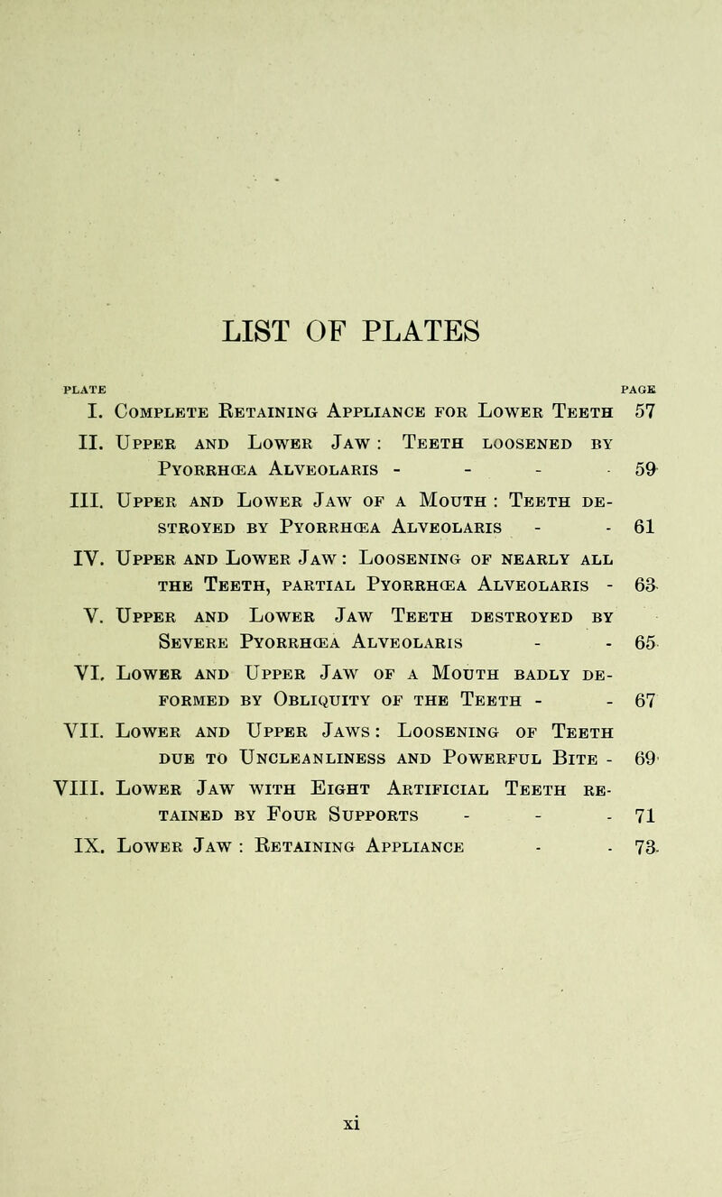 LIST OF PLATES PLATE PAGE I. Complete Retaining Appliance for Lower Teeth 57 II. Upper and Lower Jaw : Teeth loosened by Pyorrhoea Alveolaris - - - 5(1 III. Upper and Lower Jaw of a Mouth : Teeth de- stroyed by Pyorrh(ea Alveolaris - - 61 IV. Upper and Lower Jaw : Loosening of nearly all the Teeth, partial Pyorrh(ea Alveolaris - 63 Y. Upper and Lower Jaw Teeth destroyed by Severe Pyorrhiea Alveolaris - - 65 VI. Lower and Upper Jaw of a Mouth badly de- formed by Obliquity of the Teeth - - 67 VII. Lower and Upper Jaws: Loosening of Teeth due to Uncleanliness and Powerful Bite - 69 VIII. Lower Jaw with Eight Artificial Teeth re- tained by Four Supports - - - 71 IX. Lower Jaw : Retaining Appliance - - 73-