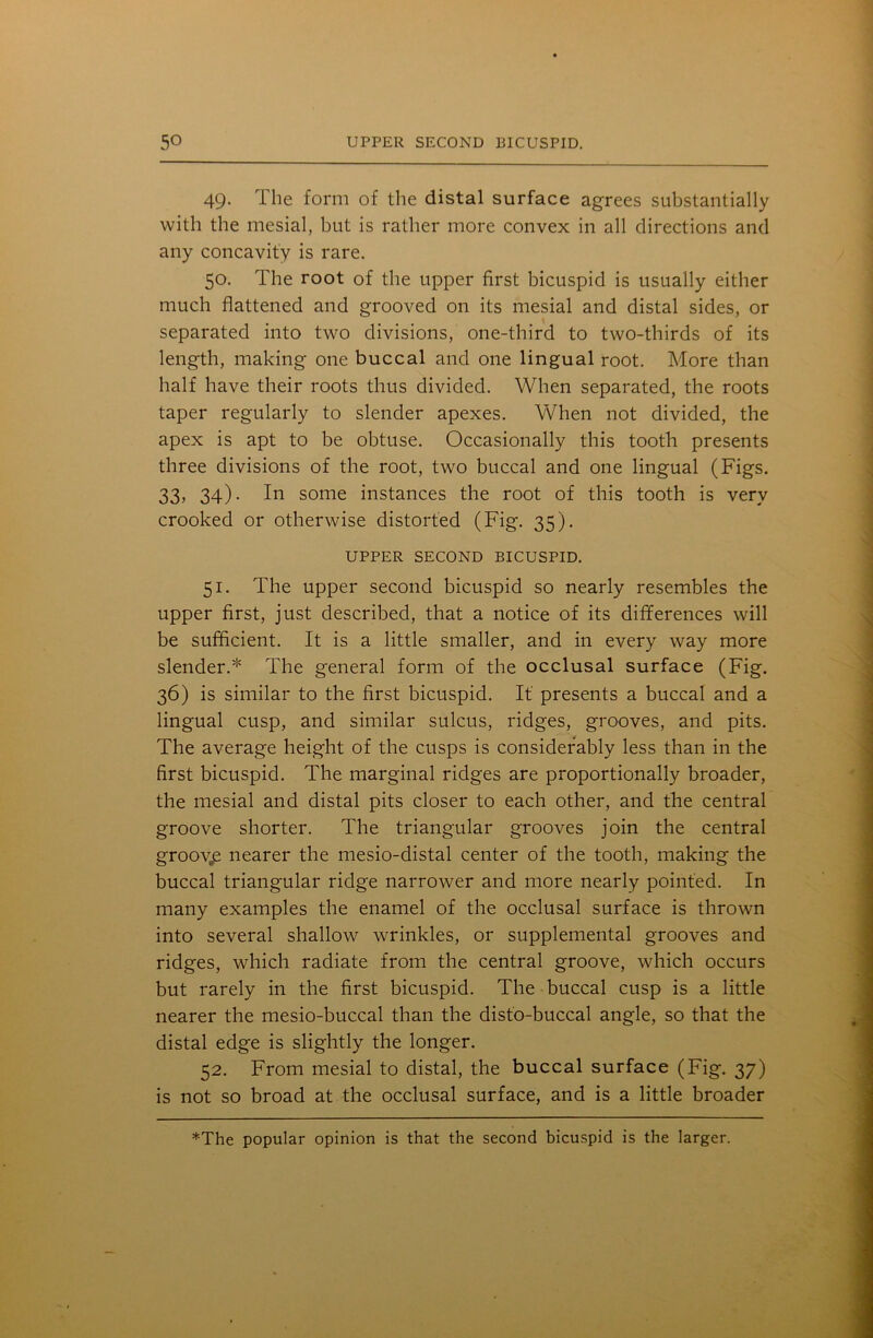 49. The form of the distal surface agrees substantially with the mesial, but is rather more convex in all directions and any concavity is rare. 50. The root of the upper first bicuspid is usually either much flattened and grooved on its mesial and distal sides, or separated into two divisions, one-third to two-thirds of its length, making one buccal and one lingual root. More than half have their roots thus divided. When separated, the roots taper regularly to slender apexes. When not divided, the apex is apt to be obtuse. Occasionally this tooth presents three divisions of the root, two buccal and one lingual (Figs. 33, 34). In some instances the root of this tooth is very crooked or otherwise distorted (Fig. 35). UPPER SECOND BICUSPID. 51. The upper second bicuspid so nearly resembles the upper first, just described, that a notice of its differences will be sufficient. It is a little smaller, and in every way more slender.* The general form of the occlusal surface (Fig. 36) is similar to the first bicuspid. It presents a buccal and a lingual cusp, and similar sulcus, ridges, grooves, and pits. The average height of the cusps is considerably less than in the first bicuspid. The marginal ridges are proportionally broader, the mesial and distal pits closer to each other, and the central groove shorter. The triangular grooves join the central groov.e nearer the mesio-distal center of the tooth, making the buccal triangular ridge narrower and more nearly pointed. In many examples the enamel of the occlusal surface is thrown into several shallow wrinkles, or supplemental grooves and ridges, which radiate from the central groove, which occurs but rarely in the first bicuspid. The buccal cusp is a little nearer the mesio-buccal than the disto-buccal angle, so that the distal edge is slightly the longer. 52. From mesial to distal, the buccal surface (Fig. 37) is not so broad at the occlusal surface, and is a little broader *The popular opinion is that the second bicuspid is the larger.