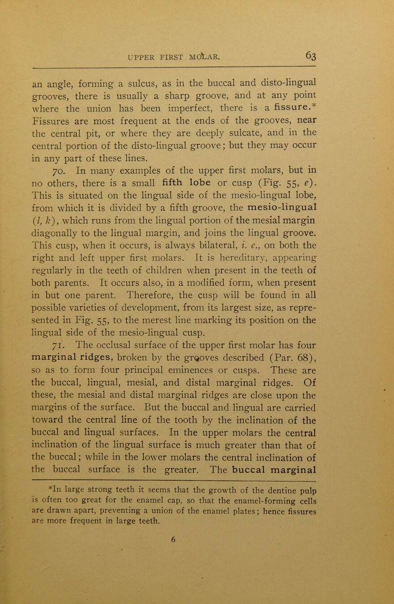 an angle, forming a sulcus, as in the buccal and disto-lingual grooves, there is usually a sharp groove, and at any point where the union has been imperfect, there is a fissure.* Fissures are most frequent at the ends of the grooves, near the central pit, or where they are deeply sulcate, and in the central portion of the disto-lingual groove; but they may occur in any part of these lines. 70. In many examples of the upper first molars, but in no others, there is a small fifth lobe or cusp (Fig. 55, e). This is situated on the lingual side of the mesio-lingual lobe, from which it is divided by a fifth groove, the mesio-lingual (/, k), which runs from the lingual portion of the mesial margin diagonally to the lingual margin, and joins the lingual groove. This cusp, when it occurs, is always bilateral, i. <?., on both the right and left upper first molars. It is hereditary, appearing regularly in the teeth of children when present in the teeth of both parents. It occurs also, in a modified form, when present in but one parent. Therefore, the cusp will be found in all possible varieties of development, from its largest size, as repre- sented in Fig. 55, to the merest line marking its position on the lingual side of the mesio-lingual cusp. 71. The occlusal surface of the upper first molar has four marginal ridges, broken by the grooves described (Par. 68), so as to form four principal eminences or cusps. These are the buccal, lingual, mesial, and distal marginal ridges. Of these, the mesial and distal marginal ridges are close upon the margins of the surface. But the buccal and lingual are carried toward the central line of the tooth by the inclination of the buccal and lingual surfaces. In the upper molars the central inclination of the lingual surface is much greater than that of the buccal; while in the lower molars the central inclination of the buccal surface is the greater. The buccal marginal *In large strong teeth it seems that the growth of the dentine pulp is often too great for the enamel cap, so that the enamel-forming cells are drawn apart, preventing a union of the enamel plates; hence fissures are more frequent in large teeth. 6