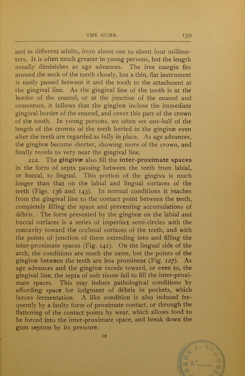 and in different adults, from about one to about four millime- ters. It is often much greater in young persons, but the length usually diminishes as age advances. The free margin fits around the neck of the tooth closely, but a thin, flat instrument is easily passed between it and the tooth to the attachment at the gingival line. As the gingival line of the tooth is at the border of the enamel, or at the junction of the enamel and cementum, it follows that the gingivae inclose the immediate gingival border of the enamel, and cover this part of the crown of the tooth. In young persons, we often see one-half of the length of the crowns of the teeth buried in the gingivae even after the teeth are regarded as fully in place. As age advances, the gingivae become shorter, showing more of the crown, and finally recede to very near the gingival line. 212. The gingivae also fill the inter-proximate spaces in the form of septa passing between the teeth from labial, or buccal, to lingual. This portion of the gingiva is much longer than that on the labial and lingual surfaces of the teeth (Figs. 136 and 143). In normal conditions it reaches from the gingival line to the contact point between the teeth, completely filling the space and preventing accumulations of debris. The form presented by the gingivae on the labial and buccal surfaces is a series of imperfect semi-circles with the concavity toward the occlusal surfaces of the teeth, and with the points of junction of these extending into and filling the inter-proximate spaces (Fig. 141). On the lingual side of the arch, the conditions are much the same, but the points of the gingivae between the teeth are less prominent (Fig. 127). As age advances and the gingivae recede toward, or even to, the gingival line, the septa of soft tissue fail to fill the inter-proxi- mate spaces. This may induce pathological conditions by affording space for lodgment of debris in pockets, which favors fermentation. A like condition is also induced fre- quently by a faulty form of proximate contact, or through the flattening of the contact points by wear, which allows food to be forced into the inter-proximate space, and break down the gum septum by its pressure. 12