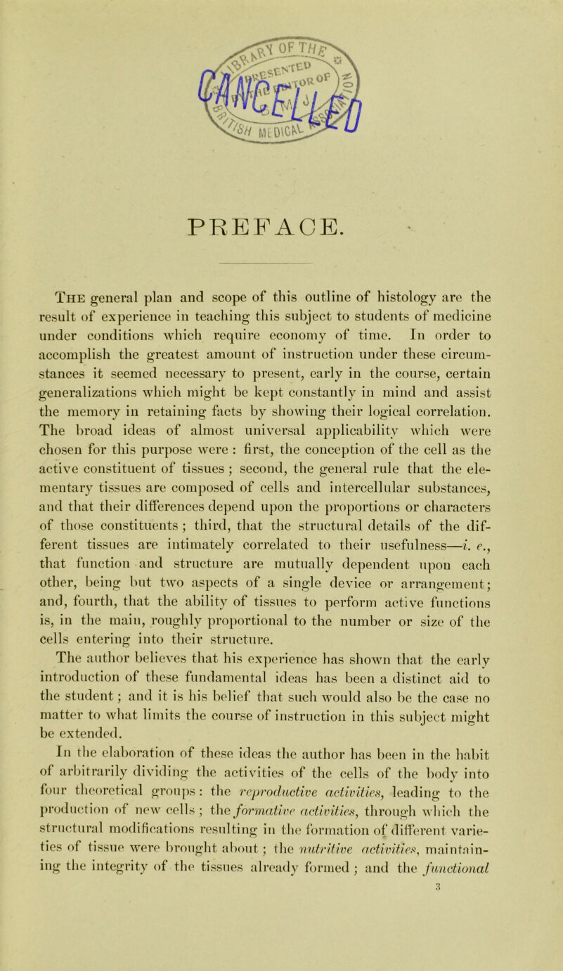 PREFACE. The general plan and scope of this outline of histology are the result of experience in teaching this subject to students of medicine under conditions which require economy of time. In order to accomplish the greatest amount of instruction under these circum- stances it seemed necessary to present, early in the course, certain generalizations which might be kept constantly in mind and assist the memory in retaining facts by showing their logical correlation. The broad ideas of almost universal applicability which were chosen for this purpose were : first, the conception of the cell as tlie active constituent of tissues ; second, the general rule that the ele- mentary tissues are composed of cells and intercellular substances, and that their differences depend upon the proportions or characters of those constituents ; third, that the structural details of the dif- ferent tissues are intimately correlated to their usefulness—i. e., that function and structure are mutually dependent upon each other, being but two aspects of a single device or arrangement; and, fourth, that the ability of tissues to perform active functions is, in the main, roughly proportional to the number or size of the cells entering into their structure. The author believes that his experience has shown that the early introduction of these fundamental ideas has been a distinct aid to the student; and it is his belief that such would also be the case no matter to what limits the course of instruction in this subject might be extended. In the elaboration of these ideas the author has been in the habit of arbitrarily dividing the activities of the cells of the body into four theoretical groups : the reproductive activities, leading to the production of new cells ; the formative activities, through wliich the structural modifications resulting in the formation of different varie- ties of tissue were brought about; the riidritive activities^ maintnin- ing the integrity of the tissues already formed ; and the functional