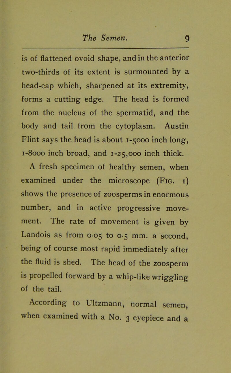is of flattened ovoid shape, and in the anterior two-thirds of its extent is surmounted by a head-cap which, sharpened at its extremity, forms a cutting edge. The head is formed from the nucleus of the spermatid, and the body and tail from the cytoplasm. Austin Flint says the head is about 1-5000 inch long, 1-8000 inch broad, and 1-25,000 inch thick. A fresh specimen of healthy semen, when examined under the microscope (Fig. i) shows the presence of zoosperms in enormous number, and in active progressive move- ment. The rate of movement is given by Landois as from 0 05 to 0-5 mm. a second, being of course most rapid immediately after the fluid is shed. The head of the zoosperm is propelled forward by a whip-like wriggling of the tail. According to Ultzmann, normal semen, when examined with a No. 3 eyepiece and a