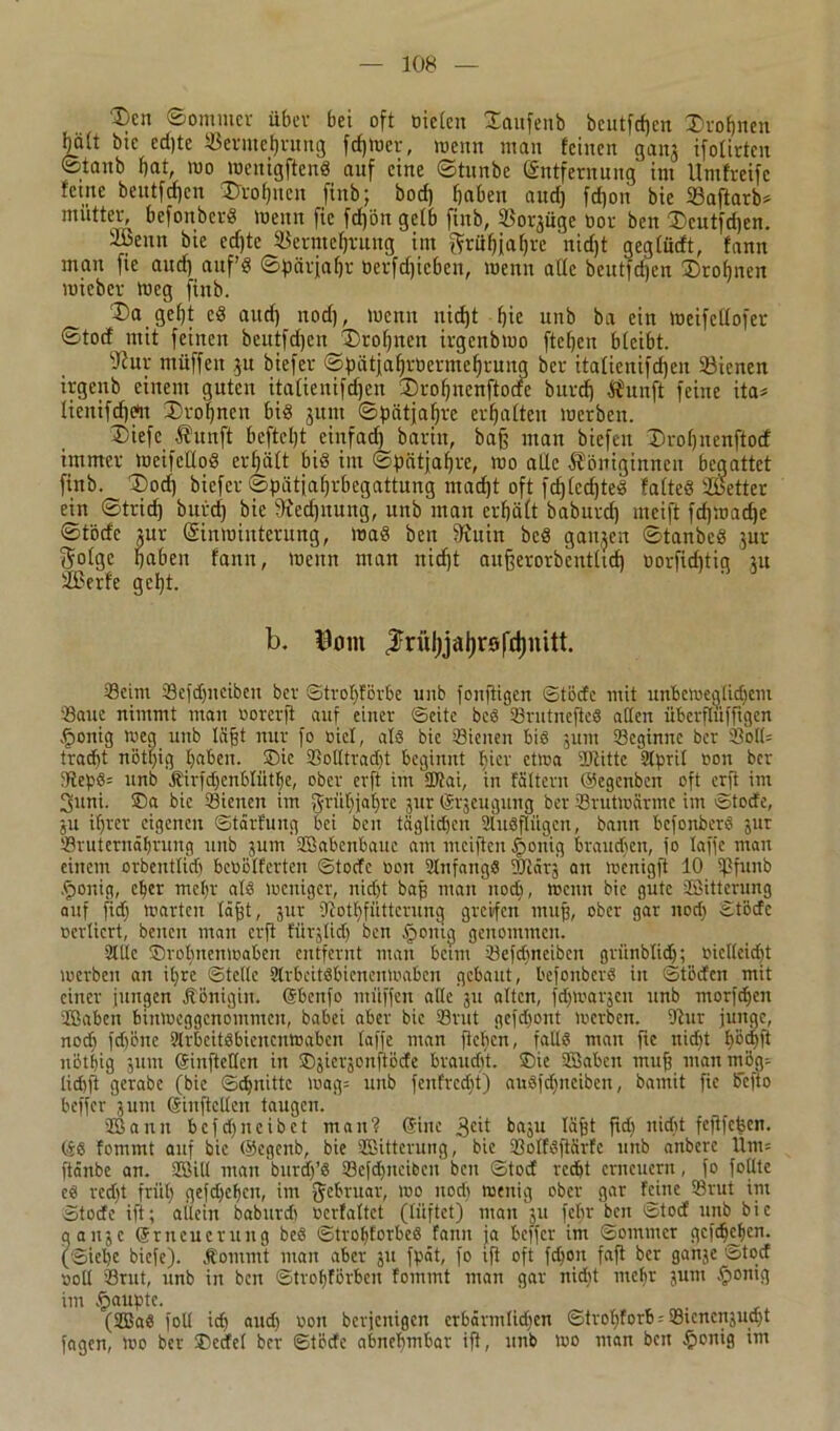'Den ©ommer über bei oft Dielen Daufenb bcutfdjcn Drohnen ba(t bic cd)te Sermefjrung fcf)tt>er, wenn man feinen ganj ifotirten ©tanb bat, wo wenigftenS auf eine ©tunbe Entfernung int Umfretfe feine beutfcfjeit Drohnen finb; boef) haben aud) fdjon bie 23aftarb* «lütter, befonberS wenn fic fdjön gefb finb, 33orjüge öor ben Dcutfdjen. äbeun bie cdjte Sierntebvung im ftriifjiab« nidjt gegfücft, fann man fie aud) auf’s ©fjärjabf berfdjicben, wenn alle beutfdjen Drobnen wieber Weg finb. Da gebt cS aud) nod), wenn nidjt bie unb ba ein weifeltofer ©tod mit feinen beutfdjen Drohnen irgcnbwo fteben bleibt. ‘Kur muffen $u biefer @pätjabröermef)rung ber italienifcfjen 33ienen irgenb einem guten italienifdjen Drobnenftocfe burd) Äunft feine ita* lienifdjett Drobnen bis jitm ©fjätjabre erbalten werben. Diefc -fhtnft beftcl)t einfad) barin, baß man biefett Droljnenftocf immer weifeüoS erhält bis im ©pätjabre, wo alle Königinnen begattet finb. Dod) biefer ©pätjaljrbegattung madjt oft fdjlcdjteS faltcS SEBetter ein ©trieb burd) bie fRedjnung, unb man erhält baburd) mcift fd)wad)e ©t'ödc jur Einwinterung, was ben 9iuin bcS ganzen ©tanbcS jur Jolge haben fann, Wenn man nidjt aufjerorbentUdj öorfidjtig ju SBcrfe gcljt. b. Uom ^Früljjabrsfdjnitt. ©eint ©efdjncibcu ber ©trol)FBrbe unb fonjtigcn ©töde mit unbeweglidicm ©aue nimmt man öorerfi auf einer ©eite beS ©rutnefieS allen überfluffigen -ßonig weg unb läßt nur fo Diel, als bic ©icnen bis jum ©cginne ber ©oll= traebt nötljig haben. ©ic ©olltradjt beginnt hier etwa ©litte Slprtl »on ber 3lepS= unb Äirfdjcnbliithe, ober erft im ©fai, in Faltern ©egenben oft erft im 3uni. ©a bic ©ienen im griiljjabre jur Srjeugung ber ©rutwarme im ©tode, ju ihrer eigenen ©tärfung bei ben täglichen SluSflügcn, bann bcfonberS jur Sruternährung unb jum ©Babenbauc am mciften jpouig brauchen, io taffe man einem orbentlid) betiölferten ©toefe oon SlnfangS ©Rärj an wenigft 10 ©funb jponig, eher me()r als weniger, nid)t bajj man nod), wenn bie gute ©Sitterung auf fidj warten läßt, jur 9lot()füttcrung greifen muff, ober gar nod) ©tbdc oertiert, beiten man erft fiirjlid) ben jponig genommen. Sille ©roljnenwaben entfernt man beim ©efdjneibcn grünblich; »iclleidjt werben an iljre ©teile SlrbeitSbienenwaben gebaut, befonberS in ©törfen mit einer jungen Königin. Ebettfo miiffen alle 311 alten, fdjwarjen unb morfchen ©Baben binweggenommen, babei aber bie ©tut gcfd)ont werben. 9tur junge, nod) fdjone SlrbcitSbiencnwabeu taffe man flehen, falls man fte nicht h’öfhft nöthig jum SinfteHen in ©jierjonftöde braudjt. ©ic ©Baben muff man mög- lidjft gerabe (bic ©Quitte wag= unb fenFrcdjt) auSfdjneiben, bamit fic ifcfio beffer jum Einftcllen taugen. ©Bann bcfdjneibet man? Sine 3c't baju läßt ffdj nidjt feflfcfeen. (46 fommt auf bic ©egenb, bie ©Bitterung, bie ©olfSftärfe unb anbere Um= ftänbe an. ©Bill man bnrdj’S ©cfdjneibeu ben ©tod recht erneuern, fo follte e6 red)t früh fjefchebcn, im fjebruar, wo nod) wenig ober gar Feine ©rut im ©tode ift; allein baburd) ocrfaltct (lüftet) mau 311 fein' ben ©tod unb bie gaujc Erneuerung beS ©trohforbeS fann ja beffer im ©ommer gefdjehen. (©ielie biefe). Kommt man aber ju fpät, fo ift oft fdjon faft ber ganje ©tod »oll ©rut, unb in ben ©trohförben Fommt man gar nidjt mehr jum fponig im fpaupte. (©BaS foU id) and) uon berjenigen erbärmlidjen ©troljForb = ©tcncnjucht fagen, wo ber ©edel ber ©töde abnehmbar ift, unb wo man ben £onig im