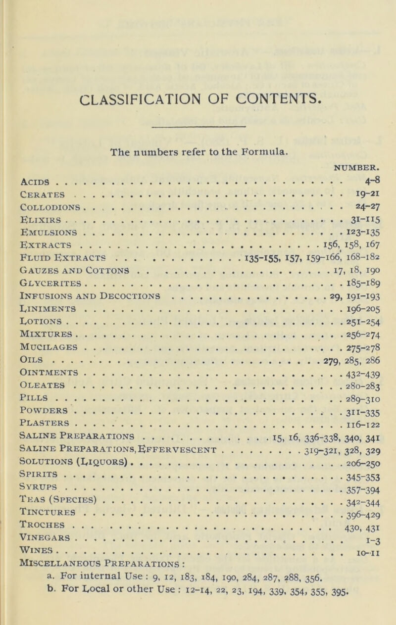 CLASSIFICATION OF CONTENTS The numbers refer to the Formula. NUMBER. Acids 48 Cerates 19-21 Collodions • 24-27 Elixirs 3i“H5 Emulsions 123-135 Extracts 156, 158, 167 Fluid Extracts I35~i55. i57. 159-166, 168-182 Gauzes and Cottons 17, 18, 190 Glycerites 185-189 Infusions and Decoctions 29, 191-193 Liniments 196-205 Lotions 251-254 Mixtures 256-274 Mucilages 275-278 Oils 279,285,286 Ointments 432-439 Oleates 280-283 Pills 289-310 Powders 3n-335 Plasters 116-122 Saline Preparations 15. 16, 336-338, 34°, 341 Saline Preparations,Effervescent 319-321, 328, 329 Solutions (Liquors) 206-250 Spirits 345-353 Syrups 357-394 Teas (Species) 342-344 Tinctures 396-429 Troches ^30, 431 Vinegars i_3 Wines io-ti Miscellaneous Preparations : a. For internal Use; 9, 12, 183, 184, 190, 284, 287, 288, 356.