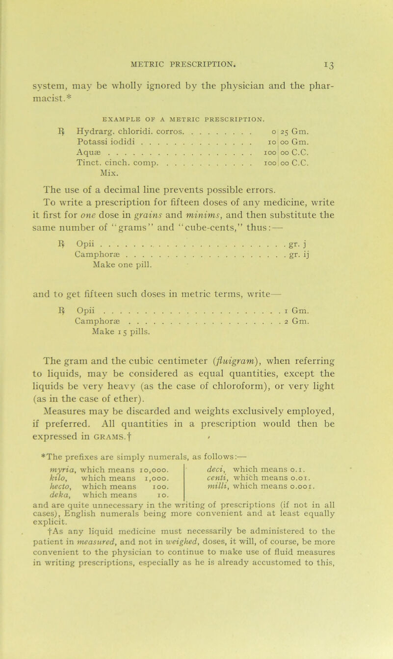 system, may be wholly ignored by the physician and the phar- macist.* EXAMPLE OF A METRIC PRESCRIPTION. 1$ Hydrarg. chloridi. corros o 25 Gm. Potassi iodidi iojooGm. Aquas 10000C.C. Tinct. cinch, comp 100 00 C.C. Mix. The use of a decimal line prevents possible errors. To write a prescription for fifteen doses of any medicine, write it first for one dose in grains and minims, and then substitute the same number of “grams” and “cube-cents,” thus: — ^ Opii gr. j Camphoras gr. ij Make one pill. and to get fifteen such doses in metric terms, write— 1^ Opii 1 Gm. Camphorae 2 Gm. Make 15 pills. The gram and the cubic centimeter (fluigram), when referring to liquids, may be considered as equal quantities, except the liquids be very heavy (as the case of chloroform), or very light (as in the case of ether). Measures may be discarded and weights exclusively employed, if preferred. All quantities in a prescription would then be expressed in grams, f • *The prefixes are simply numerals, as follows:— myria, which means 10,000. kilo, which means 1,000. hecto, which means 100. deka, which means 10. deci, which means 0.1. centi, which means 0.01. milli, which means 0.001. and are quite unnecessary in the writing of prescriptions (if not in all cases), English numerals being more convenient and at least equally explicit. fAs any liquid medicine must necessarily be administered to the patient in measured, and not in weighed, doses, it will, of course, be more convenient to the physician to continue to make use of fluid measures in writing prescriptions, especially as he is already accustomed to this,