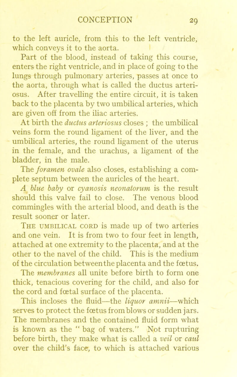 to the left auricle, from this to the left ventricle, which conveys it to the aorta. Part of the blood, instead of taking this course, enters the right ventricle, and in place of going to the lungs through pulmonary arteries, passes at once to the aorta, through what is called the ductus arteri- osus. After travelling the entire circuit, it is taken back to the placenta by two umbilical arteries, which are given off from the iliac arteries. At birth the ductus arteriosus closes ; the umbilical veins form the round ligament of the liver, and the umbilical arteries, the round ligament of the uterus in the female, and the urachus, a ligament of the bladder, in the male. The foramen ovale also closes, establishing a com- plete septum between the auricles of the heart. A blue baby or cyanosis neonatorum is the result should this valve fail to close. The venous blood commingles with the arterial blood, and death is the result sooner or later. The umbilical cord is made up of two arteries and one vein. It is from two to four feet in length, attached at one extremity to the placenta, and at the other to the navel of the child. This is the medium of the circulation between the placenta and the foetus. The membranes all unite before birth to form one thick, tenacious covering for the child, and also for the cord and foetal surface of the placenta. This incloses the fluid—the liquor amnii—which serves to protect the foetus from blows or sudden jars. The membranes and the contained fluid form what is known as the “ bag of waters.” Not rupturing before birth, they make what is called a veil or caul over the child’s face, to which is attached various