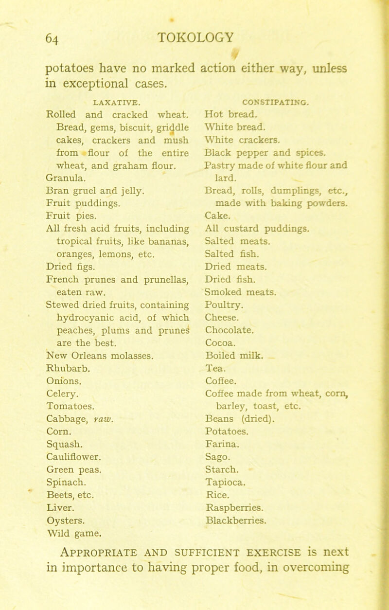 ▼ potatoes have no marked action either way, unless in exceptional cases. LAXATIVE. Rolled and cracked wheat. Bread, gems, biscuit, griddle cakes, crackers and mush from flour of the entire wheat, and graham flour. Granula. Bran gruel and jelly. Fruit puddings. Fruit pies. All fresh acid fruits, including tropical fruits, like bananas, oranges, lemons, etc. Dried figs. French prunes and prunellas, eaten raw. Stewed dried fruits, containing hydrocyanic acid, of which peaches, plums and prunes are the best. New Orleans molasses. Rhubarb. Onions. Celery. Tomatoes. Cabbage, raw. Corn. Squash. Cauliflower. Green peas. Spinach. Beets, etc. Liver. Oysters. Wild game. CONSTIPATING. Hot bread. White bread. White crackers. Black pepper and spices. Pastry made of white flour and lard. Bread, rolls, dumplings, etc., made with baking powders. Cake. All custard puddings. Salted meats. Salted fish. Dried meats. Dried fish. Smoked meats. Poultry. Cheese. Chocolate. Cocoa. Boiled milk. Tea. Coffee. Coffee made from wheat, corn, barley, toast, etc. Beans (dried). Potatoes. Farina. Sago. Starch. Tapioca. Rice. Raspberries. Blackberries. Appropriate and sufficient exercise is next in importance to having proper food, in overcoming