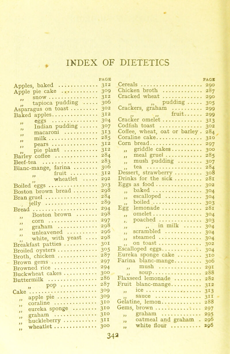 PAGE Apples, baked 312 Apple pie cake 3°9 ,, snow 312 tapioca pudding 306 Asparagus on toast 302 Baked apples 312 „ eggs 3°4 Indian pudding 307 macaroni 3X3 ,, milk 285 ’, pears 312 ,, pie plant 312 Barley coffee 284 Beef-tea 283 Blanc-mange, farina 3°6 n fruit 312 ” wheatlet 292 Boiled eggs 3°3 Boston brown bread 298 Bran gruel 284 jelly 289 Bread 294 Boston brown 298 ” corn 297 ” graham 298 ” unleavened 296 ’’ white, with yeast 298 Breakfast patties 301 Broiled oysters 3°5 Broth, chicken 287 Brown gems 297 Browned rice 294 Buckwheat cakes 300 Buttermilk 286 „ P°P Ill „ apple pie 3°9 ,, coraline 310 ” eureka sponge 310 n graham 3IG huckleberry 311 wheatlet 300 PAGE Cereals 290 Chicken broth 287 Cracked wheat 290 „ „ pudding 305 Crackers, graham 299 „ „ fruit 299 Cracker omelet 313 Codfish toast 302 Coffee, wheat, oat or barley . 284 Coraline cake 310 Corn bread 297 ,, griddle cakes 300 „ meal gruel 285 „ mush pudding 307 „ tea 284 Dessert, strawberry 308 Drinks for the sick 281 Eggs as food 302 ,, baked 304 ,, escalloped 304 „ boiled 303 Egg lemonade 281 ,, omelet 304 ,_ poached 303 „ in milk 304 ,, scrambled 304 ,, steamed 304 ,, on toast 302 Escalloped eggs 304 Eureka sponge cake 310 Farina blanc-mange 306 „ mush 291 „ soup 288 Flaxseed lemonade 282 Fruit blanc-mange 312 „ ice 313 ,, sauce 311 Gelatine, lemon 288 Gems, brown 297 „ graham 295 „ oatmeal and graham . 296 „ white flour 296 343