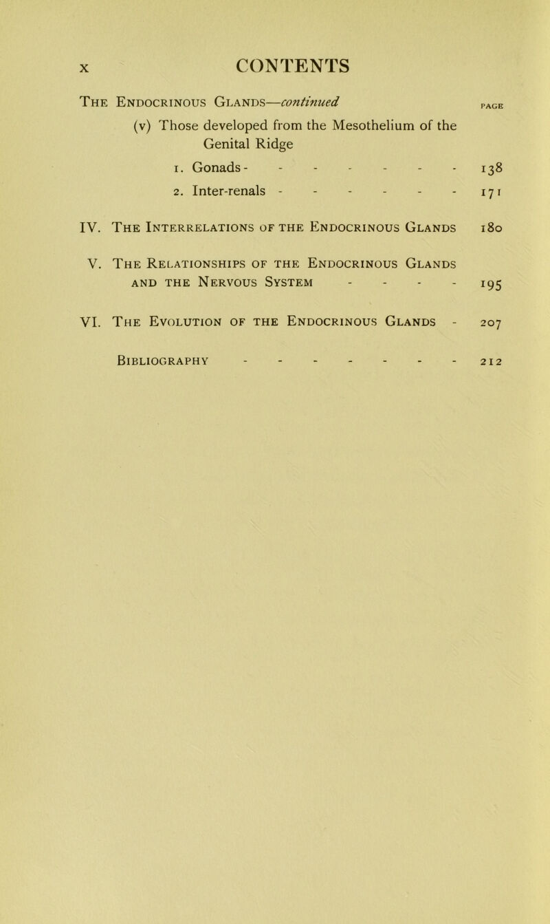 The Endocrinous Glands—contmued page (v) Those developed from the Mesothelium of the Genital Ridge 1. Gonads- - - - - - - 138 2. Inter-renals - - - - - - 171 IV. The Interrelations OF THE Endocrinous Glands 180 V. The Relationships of the Endocrinous Glands and the Nervous System - - - - 195 VI. The Evolution of the Endocrinous Glands - 207 Bibliography 212