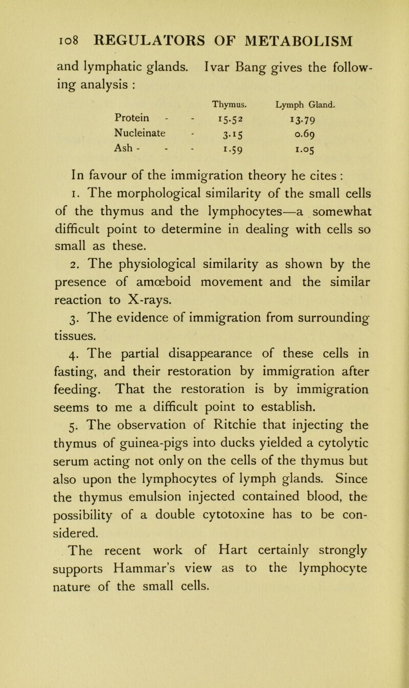 and lymphatic glands. Ivar Bang gives the follow ing analysis : Thymus. Lymph Gland. Protein 15-52 13-79 Nucleinate 3-15 0.69 Ash - 1.59 1.05 In favour of the immigration theory he cites : 1. The morphological similarity of the small cells of the thymus and the lymphocytes—a somewhat difficult point to determine in dealing with cells so small as these. 2. The physiological similarity as shown by the presence of amoeboid movement and the similar reaction to X-rays. 3. The evidence of immigration from surrounding tissues. 4. The partial disappearance of these cells in fasting, and their restoration by immigration after feeding. That the restoration is by immigration seems to me a difficult point to establish. 5. The observation of Ritchie that injecting the thymus of guinea-pigs into ducks yielded a cytolytic serum acting not only on the cells of the thymus but also upon the lymphocytes of lymph glands. Since the thymus emulsion injected contained blood, the possibility of a double cytotoxine has to be con- sidered. The recent work of Hart certainly strongly supports Hammar’s view as to the lymphocyte nature of the small cells.