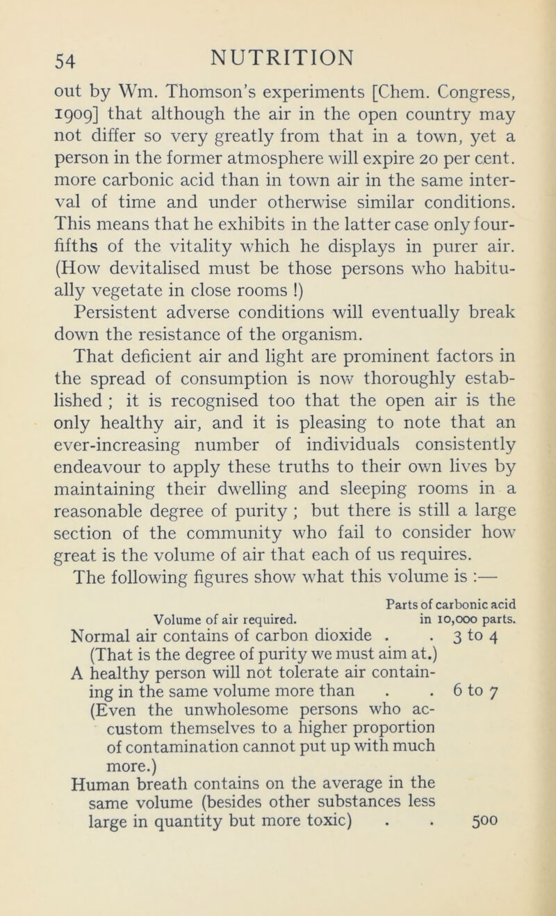 out by Wm. Thomson’s experiments [Chem. Congress, 1909] that although the air in the open country may not differ so very greatly from that in a town, 3^et a person in the former atmosphere will expire 20 per cent, more carbonic acid than in town air in the same inter- val of time and under otherwise similar conditions. This means that he exhibits in the latter case only four- fifths of the vitality which he displays in purer air. (How devitalised must be those persons who habitu- ally vegetate in close rooms !) Persistent adverse conditions will eventually break down the resistance of the organism. That deficient air and light are prominent factors in the spread of consumption is nov\^ thoroughly estab- lished ; it is recognised too that the open air is the only healthy air, and it is pleasing to note that an ever-increasing number of individuals consistently endeavour to apply these truths to their ov/n lives by maintaining their dwelling and sleeping rooms in a reasonable degree of purity ; but there is still a large section of the community who fail to consider how great is the volume of air that each of us requires. The following figures show what this volume is :— Parts of carbonic acid Volume of air required. in 10,000 parts. Normal air contains of carbon dioxide . . 3 to 4 (That is the degree of purity we must aim at.) A healthy person will not tolerate air contain- ing in the same volume more than . . 6 to 7 (Even the unwholesome persons who ac- custom themselves to a higher proportion of contamination cannot put up with much more.) Human breath contains on the average in the same volume (besides other substances less large in quantity but more toxic) 500