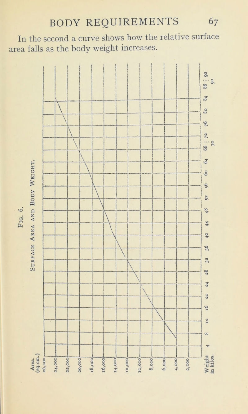 In the second a curve shows how the relative surface area falls as the body weight increases. Weight in kilos.