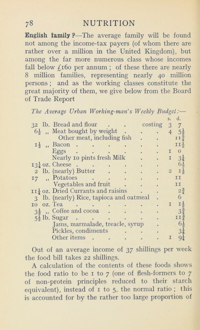 English family ?—The average family will be found not among the income-tax payers (of whom there are rather over a million in the United Kingdom), but among the far more numerous class whose incomes fall below £160 per annum ; of these there are nearly 8 million families, representing nearly 40 million persons ; and as the working classes constitute the great majority of them, we give below from the Board of Trade Report The Average Urban Working-man's Weekly Budget:— s. cl. 32 lb. Bread and flour . . costing 61 ,, Meat bought by weight . Other meat, including fish ,, Bacon ...... ...... Nearly 10 pints fresh Milk 13I- oz. Cheese ...... 2 lb. (nearly) Butter .... 17 ,, Potatoes ..... Vegetables and fruit oz. Dried Currants and raisins 3 lb. (nearly) Rice, tapioca and oatmeal 10 oz. Tea ...... 3^ ,, Coffee and cocoa .... 5^ lb. Sugar ...... Jams, marmalade, treacle, syrup Pickles, condiments Other items ..... 3 4 I 1 2 I I 7 52 T 3 3i 61 II II C>3 6 3f iif 3l 9i Out of an average income of 37 shillings per week the food bill takes 22 shillings. A calculation of the contents of these foods shows the food ratio to be i to 7 (one of flesh-formers to 7 of non-protein principles reduced to their starch equivalent), instead of i to 5, the normal ratio ; this is accounted for by the rather too large proportion of