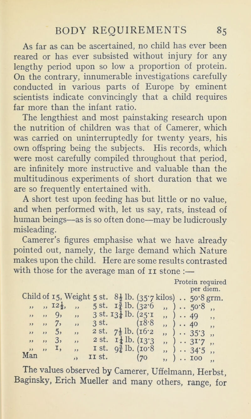 As far as can be ascertained, no child has ever been reared or has ever subsisted without injury for any lengthy period upon so low a proportion of protein. On the contrary, innumerable investigations carefully conducted in various parts of Europe by eminent scientists indicate convincingly that a child requires far more than the infant ratio. The lengthiest and most painstaking research upon the nutrition of children was that of Camerer, which was carried on uninterruptedly for twenty years, his own offspring being the subjects. His records, which were most carefully compiled throughout that period, are infinitely more instructive and valuable than the multitudinous experiments of short duration that we are so frequently entertained with. A short test upon feeding has but little or no value, and when performed with, let us say, rats, instead of human beings—as is so often done—may be ludicrously misleading. Camerer’s figures emphasise what we have already pointed out, namely, the large demand which Nature makes upon the child. Here are some results contrasted with those for the average man of ii stone :— Protein required Child of 15, Weight 5 st. lb- (357 kilos) per diem. .. 50*8 grm. >> >» f > 5 St. If lb. (32-6 „ ) •• 50-8 „ )> >> 9j }» 3 st. 13^ lb. (25-1 „ ) ••49 ,, >> >> 7’ n 3 St. (i8-8 „ ) • • 40 „ >> >> 5> }f 2 st. lb. (i6-2 „ ) • • 35*3 „ >> >> 3> ) y 2 st. liib. (13*3 „ ) •• 317 )> >1 y y I st. 9f lb. (10-8 „ ) • • 34‘5 ,, Man yy II st. (70 „ ) • • 100 „ The values observed by Camerer, Uffelmann, Herbst, Baginsky, Erich Mueller and many others, range, for
