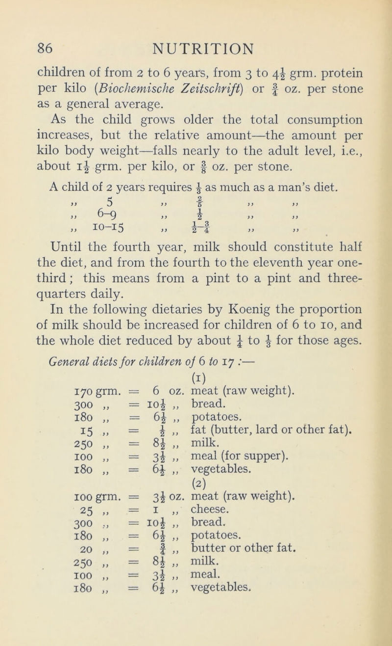 children of from 2 to 6 years, from 3 to 4J grm. protein per kilo (Biochemische Zeitschnft) or f oz. per stone as a general average. As the child grows older the total consumption increases, but the relative amount—the amount per kilo body weight—falls nearly to the adult level, i.e., about ij grm. per kilo, or | oz. per stone. A child of 2 years requires ^ as much as a man’s diet. < 2 > > D > > >> >> >> 6 Q ,, ^ ,, ,, >) 10—15 ,} >> >> Until the fourth year, milk should constitute half the diet, and from the fourth to the eleventh year one- third ; this means from a pint to a pint and three- quarters daily. In the following dietaries by Koenig the proportion of milk should be increased for children of 6 to 10, and the whole diet reduced by about i to J for those ages. General diets for children of 6 to 17 .'— 170 grm. = 6 oz. meat (raw weight). 300 „ = 10^ ,, bread. 180 ,, = 6| ,, potatoes. 15 ,, = ^ ,, fat (butter, lard or other fat). 250 „ = „ milk. 100 ,, = 3^ ,, meal (for supper). 180 „ = 6^ ,, vegetables. (2) 100 grm. = 3^ oz. meat (raw weight). 25 } 1 = I „ cheese. 300 ;; = loi „ bread. 180 )} = 6^ ,, potatoes. 20 )} butter or other fat. 250 ) > = „ milk. 100 y > = si >> meal. 180 >> = „ vegetables.