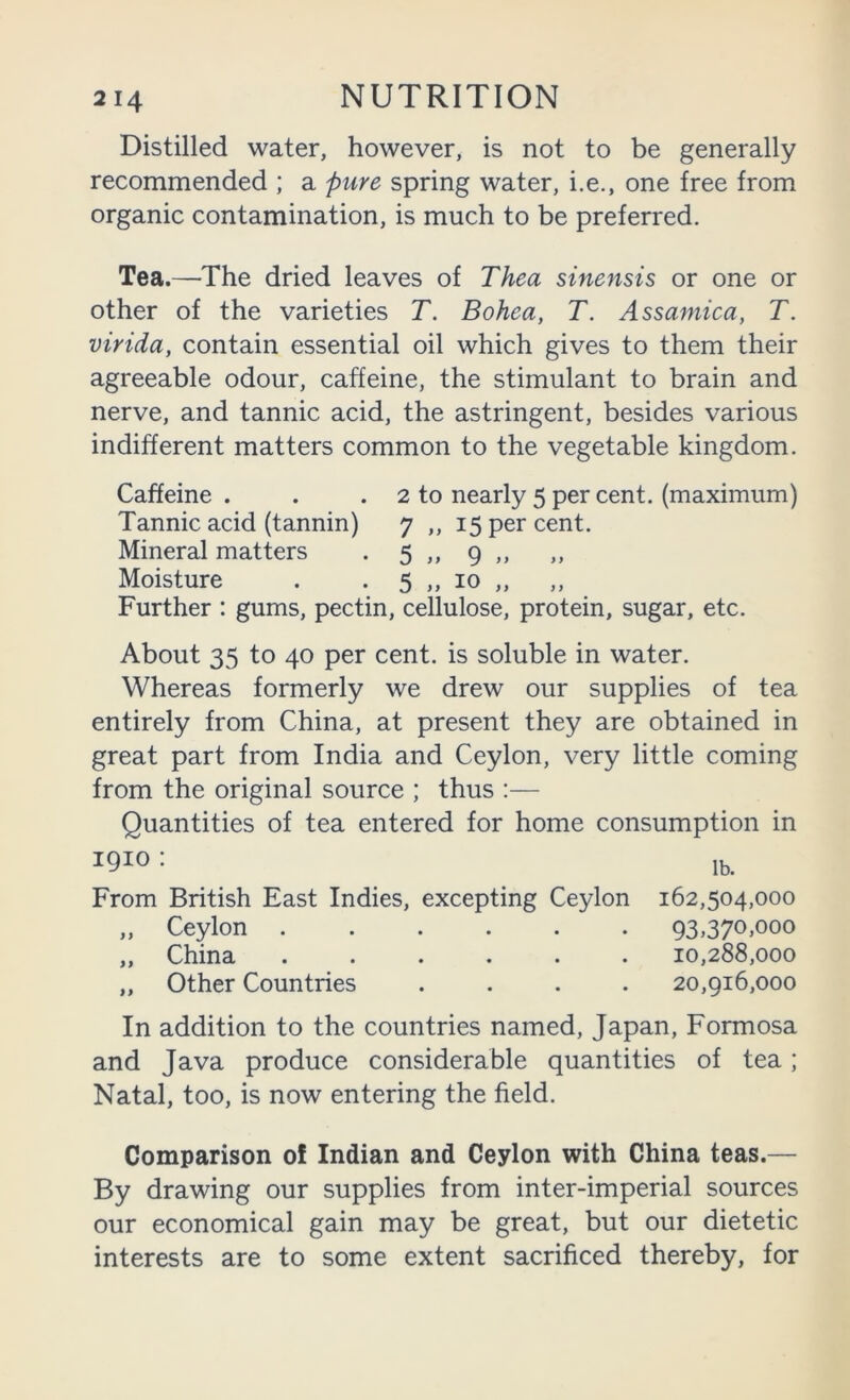 Distilled water, however, is not to be generally recommended ; a pure spring water, i.e., one free from organic contamination, is much to be preferred. Tea.—The dried leaves of Thea sinensis or one or other of the varieties T. Bohea, T. Assaniica, T. virida, contain essential oil which gives to them their agreeable odour, caffeine, the stimulant to brain and nerve, and tannic acid, the astringent, besides various indifferent matters common to the vegetable kingdom. Caffeine . . . 2 to nearly 5 per cent, (maximum) Tannic acid (tannin) 7 ,, 15 per cent. Mineral matters . 5 ,, 9 ,, Moisture . . 5 ,, 10 ,, Further : gums, pectin, cellulose, protein, sugar, etc. About 35 to 40 per cent, is soluble in water. Whereas formerly we drew our supplies of tea entirely from China, at present they are obtained in great part from India and Ceylon, very little coming from the original source ; thus :— Quantities of tea entered for home consumption in 1910: lb. From British East Indies, excepting Ceylon 162,504,000 „ Ceylon 93,370,000 „ China ...... 10,288,000 „ Other Countries .... 20,916,000 In addition to the countries named, Japan, Formosa and Java produce considerable quantities of tea; Natal, too, is now entering the field. Comparison of Indian and Ceylon with China teas.— By drawing our supplies from inter-imperial sources our economical gain may be great, but our dietetic interests are to some extent sacrificed thereby, for