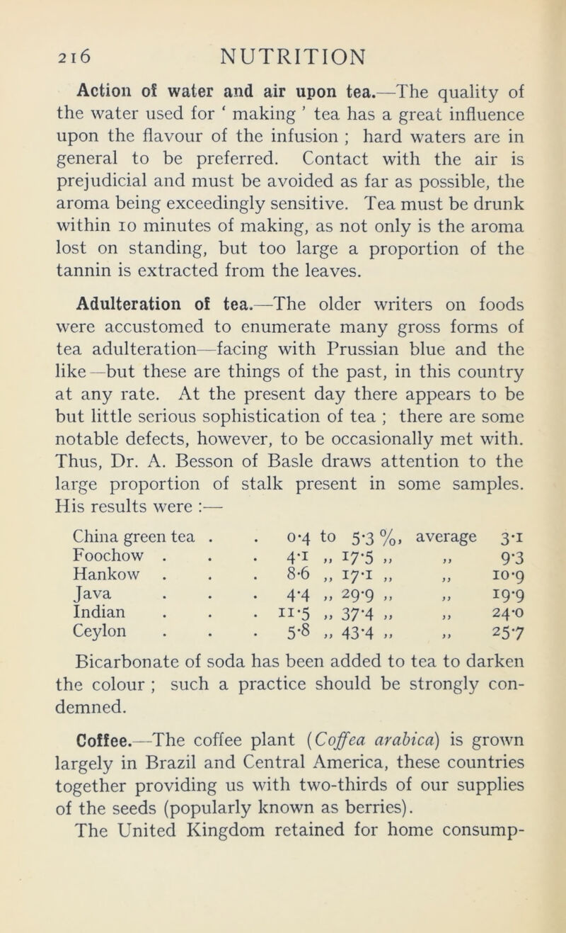 Action of water and air upon tea.—The quality of the water used for ‘ making ’ tea has a great influence upon the flavour of the infusion ; hard waters are in general to be preferred. Contact with the air is prejudicial and must be avoided as far as possible, the aroma being exceedingly sensitive. Tea must be drunk within 10 minutes of making, as not only is the aroma lost on standing, but too large a proportion of the tannin is extracted from the leaves. Adulteration of tea.—The older writers on foods were accustomed to enumerate many gross forms of tea adulteration—facing with Prussian blue and the like -but these are things of the past, in this country at any rate. At the present day there appears to be but little serious sophistication of tea ; there are some notable defects, however, to be occasionally met with. Thus, Dr. A. Besson of Basle draws attention to the large proportion of stalk present in some samples. His results were :— China green tea . 0*4 to 5*3%. average 3-1 Foochow . . 4-1 17*5 9-3 Hankow . 8-6 > f 17-1 - 10*9 Java . 4*4 } i 29-9 ,, 19-9 Indian • II-5 }} 37*4 24-0 Ceylon • 5-8 }} 43-4 257 Bicarbonate of soda has been added to tea to darken the colour ; such a practice should be strongly con- demned. Coffee.—The coffee plant (Coffea arahica) is grown largely in Brazil and Central America, these countries together providing us with two-thirds of our supplies of the seeds (popularly known as berries). The United Kingdom retained for home consump-
