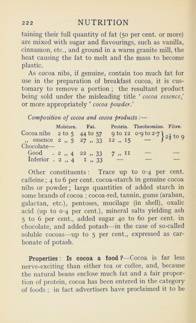 taining their full quantity of fat (50 per cent, or more) are mixed with sugar and flavourings, such as vanilla, cinnamon, etc., and ground in a warm granite mill, the heat causing the fat to melt and the mass to become plastic. As cocoa nibs, if genuine, contain too much fat for use in the preparation of breakfast cocoa, it is cus- tomary to remove a portion ; the resultant product being sold under the misleading title ‘ cocoa essence,' or more appropriately ‘ cocoa powder.' Composition of cocoa and cocoa products:— Moisture. Fat. Protein. Theobromine. Fibre. Cocoa nibs 2 to 5 44 to 57 9 to 12 ®'9 ^7 \ oi to o „ essence 2 „ 5 27 „ 33 12 ,,15 — 9 Chocolate— Good . 2 „ 4 22 „ 33 7 „ II — — Inferior . 2 „ 4 i „ 33 — — — Other constituents : Trace up to 0-4 per cent, caffeine; 4 to 6 per cent, cocoa-starch in genuine cocoa nibs or powder; large quantities of added starch in some brands of cocoa ; cocoa-red, tannin, gums (araban, galactan, etc.), pentoses, mucilage (in shell), oxalic acid (up to 0*4 per cent.), mineral salts yielding ash 5 to 6 per cent., added sugar 40 to 60 per cent, in chocolate, and added potash—in the case of so-called soluble cocoas—up to 5 per cent., expressed as car- bonate of potash. Properties : Is cocoa a food ?—Cocoa is far less nerve-exciting than either tea or coffee, and, because the natural beans enclose much fat and a fair propor- tion of protein, cocoa has been entered in the category of foods ; in fact advertisers have proclaimed it to be