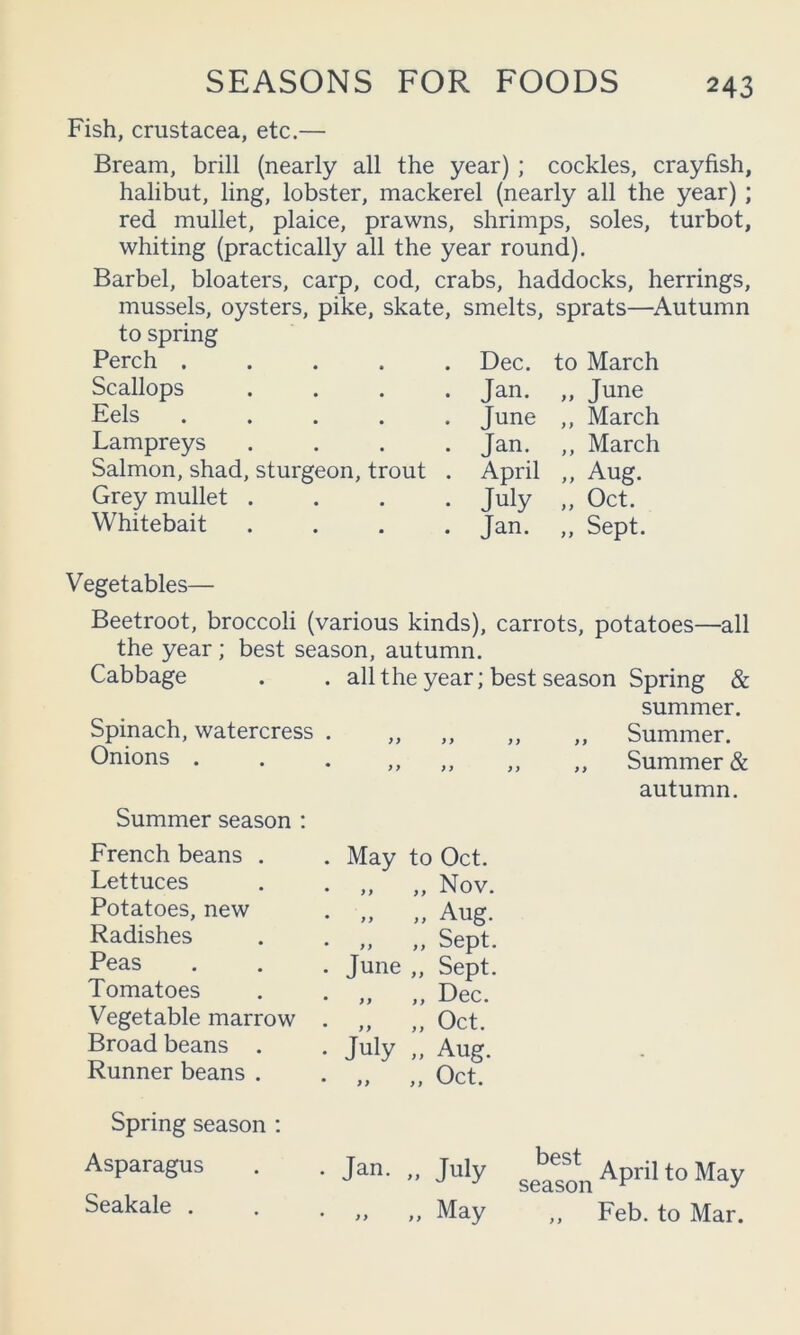 SEASONS FOR FOODS Fish, Crustacea, etc.— Bream, brill (nearly all the year) ; cockles, crayfish, halibut, ling, lobster, mackerel (nearly all the year) ; red mullet, plaice, prawns, shrimps, soles, turbot, whiting (practically all the year round). Barbel, bloaters, carp, cod, crabs, haddocks, herrings, mussels, oysters, pike, skate, smelts, sprats—Autumn to spring Perch ..... Dec. to March Scallops .... Jan. „ June Eels ..... June ,, March Lampreys .... Jan. ,, March Salmon, shad, sturgeon, trout . April „ Aug. Grey mullet .... July ,, Oct. Whitebait .... Jan. ,, Sept. Vegetables— Beetroot, broccoli (various kinds), carrots, potatoes—all the year ; best season, autumn. Cabbage . . all the year; best season Spring & summer. Spinach, watercress . „ „ „ „ Summer. Onions . . ,, Summer & autumn. Summer season ; French beans . Lettuces Potatoes, new Radishes Peas Tomatoes Vegetable marrow Broad beans . Runner beans. May to Oct. „ „ Nov. „ „ Aug. ,, ,, Sept. June „ Sept. ,, ,, Dec. Oct July „ Aug. » „ Oct. Spring season ; Asparagus . . Jan. „ July sg^son^P' Seakale . . . „ „ May ,, Feb. to Mar.