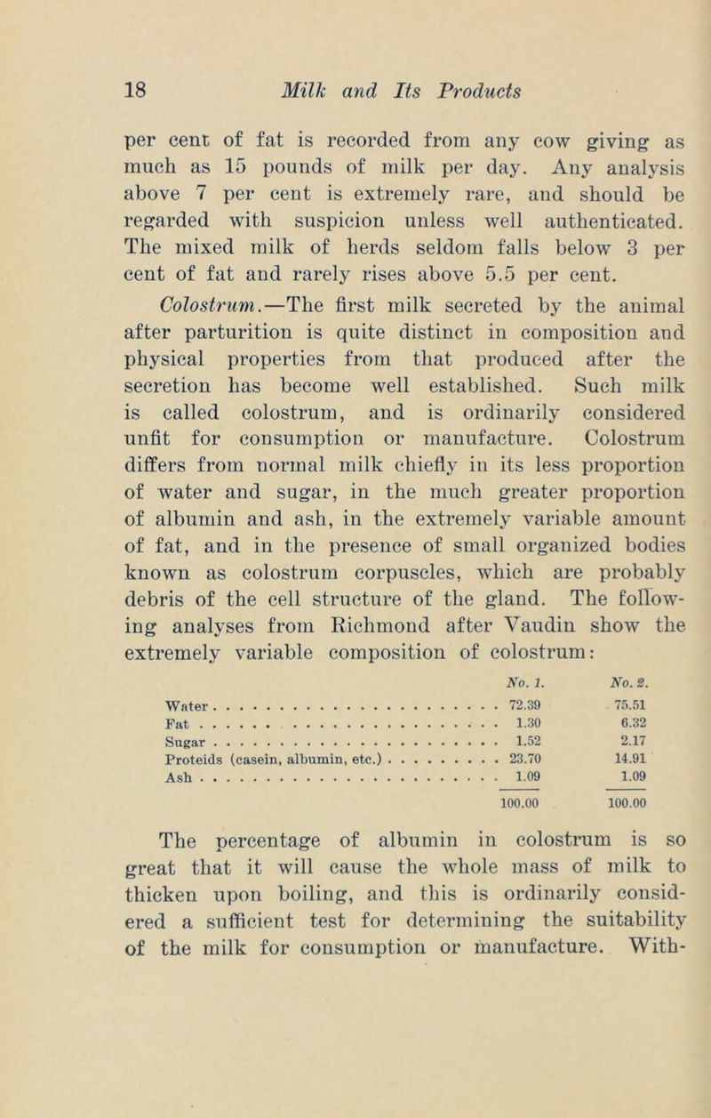 per cent of fat is recorded from any cow giving as much as 15 pounds of milk per day. Any analysis above 7 per cent is extremely rare, and should be regarded with suspicion unless well authenticated. The mixed milk of herds seldom falls below 3 per cent of fat and rarely rises above 5.5 per cent. Colostrum.—The first milk secreted by the animal after parturition is quite distinct in composition and physical properties from that produced after the secretion has become well established. Such milk is called colostrum, and is ordinarily considered unfit for consumption or manufacture. Colostrum differs from normal milk chiefly in its less proportion of water and sugar, in the much greater proportion of albumin and ash, in the extremely variable amount of fat, and in the presence of small organized bodies known as colostrum corpuscles, which are probably debris of the cell structure of the gland. The follow- ing analyses from Richmond after Vaudin show the extremely variable composition of colostrum: No. 1. No. S. Water 72.39 75.51 Fat 1.30 6.32 Sugar 1.52 2.17 Proteids (casein, albumin, etc.) 23.70 14.91 Ash 1.09 1.09 100.00 100.00 The percentage of albumin in colostrum is so great that it will cause the whole mass of milk to thicken upon boiling, and this is ordinarily consid- ered a sufficient test for determining the suitability of the milk for consumption or manufacture. With-