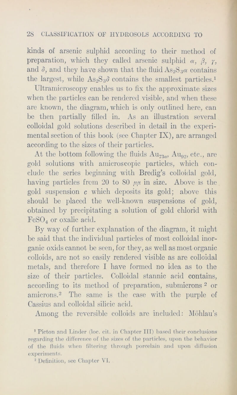 kincls of arsenic sulphid according to their method of preparation, which they called arsenic sulphid a, ß, y, and d, and tliey have shown that the fluid As2S3a contains the largest, while As2S3o contains the smallest particles.1 Ultramicroscopy enables us to fix the approximate sizcs when the particles can be rendercd visible, and when these are known, the diagram, which is only outlined here, can bc then partially filled in. As an illustration sevcral colloidal gold Solutions described in detail in the experi- mental section of this book (see Chapter IX), are arranged according to the sizes of their particles. At the bottom following the fluids Au73a, Au92, etc., are gold Solutions witli amicroscopic particles, which con- cludc the scrics beginning with Bredig’s colloidal gold, having particles from 20 to SO fi/i in size. Abovc is the gold Suspension c which dcposits its gold; abovc this should be placcd the well-known suspcnsions of gold, obtained by precipitating a solution of gold chlorid with FeS04 or oxalic acid. By way of further explanation of the diagram, it might be said that the individual particles of most colloidal inor- ganic oxids cannot bc scen, for they, as well as most organic colloids, are not so easily rendercd visible as are colloidal metals, and therefore I have formed no idca as to the size of their particles. Colloidal stannic acid contains, according to its method of preparation, submicrons 2 or amicrons.2 The same is the casc with the purple of Cassius and colloidal silicic acid. Among the reversible colloids are includcd: Möhlau’s 1 Pieton and Linder (loc. cit. in Chapter III) based their conclusions regarding the difTercnce of Ihe sizes of the partieles, upon the behavior of the fluids when filtcring through porcclain and upon difTusion experiments. 2 Definition, see Chapter VI.