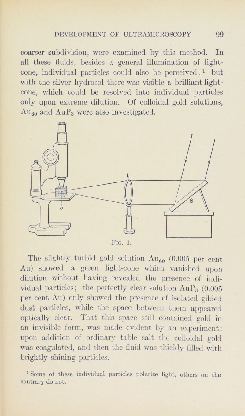 coarser subdivision, were examined by tliis method. In all these fluids, besides a general Illumination of light- cone, individual particles could also be pcrceived; 1 but witli the silver hydrosol there was visible a brilliant light- cone, which could be resolved into individual particles only upon extreme dilution. Of colloidal gold Solutions, Au60 and AuP3 were also investigated. The slightly turbicl gold solution Au60 (0.005 per cent Au) showecl a green light-cone which vanished upon dilution without liaving revealed the presence of indi- vidual particles; the perfcctly clear solution AuP3 (0.005 per cent Au) only showed the presence of isolated gilded dust particles, while the space between them appeared optically clear. That this space still contained gold in an invisible form, was made evident by an experiment: upon adclition of ordinary table salt the colloidal gold was coagulated, and then the fluid was thickly filled with brightly shining particles. 1 Some of these individual particles polarize light, others on the contrary do not.