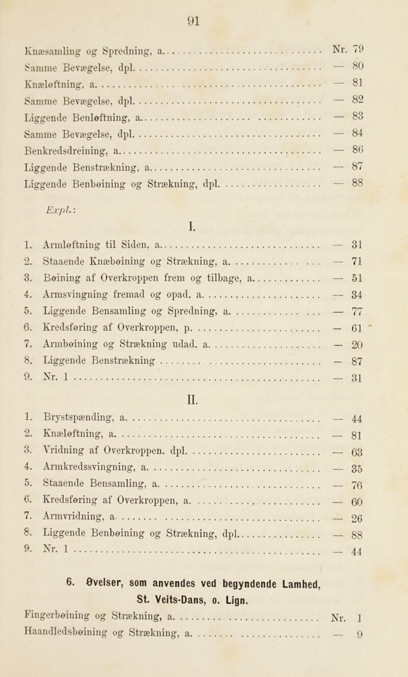 Knæsamling og Spredning, a Nr. 79 Samme Bevægelse, dpi — 80 Knæløftning, — 81 Samme Bevægelse, dpi — 82 Liggende Benløftning, a — 83 Samme Bevægelse, dpi — 84 Benkredsdreining, a — 86 Liggende Benstrækning, a — 87 Liggende Benbøining og Strækning, dpi — 88 ExpL: I. 1. Armløftning til Siden, a 2. Staaende Knæboining og Strækning, a 3. Bøining af Overkroppen frem og tilbage, a 4. Armsvingning fremad og opad, a 5. Liggende Bensamling og Spredning, a 6. Kredsføring af Overkroppen, p 7. Armbøining og Strækning ndad, a 8. Liggende Benstrækning 1. Brystspænding, a 2. Knæløftning, a 3. Vridning af Overkroppen, dpi 4. Armkredssvingning, a 5. Staaende Bensamling, a 6. Kredsføring af Overkroppen, a 7. Armvridning, a 8. Liggende Benbøining og Strækning, dpi 9. Nr. 1 31 — 71 — 51 — 34 — 77 — 61 - - 20 - 87 — 31 — 44 — 81 — 63 — 35 — 76 — 60 — 26 — 88 — 44 6. Øvelser, som anvendes ved begyndende Lamhed, St. Veits-Dans, o. Lign. Fingerbøining og Strækning, a Nr. 1 Haandledsboining og Strækning, a — 9