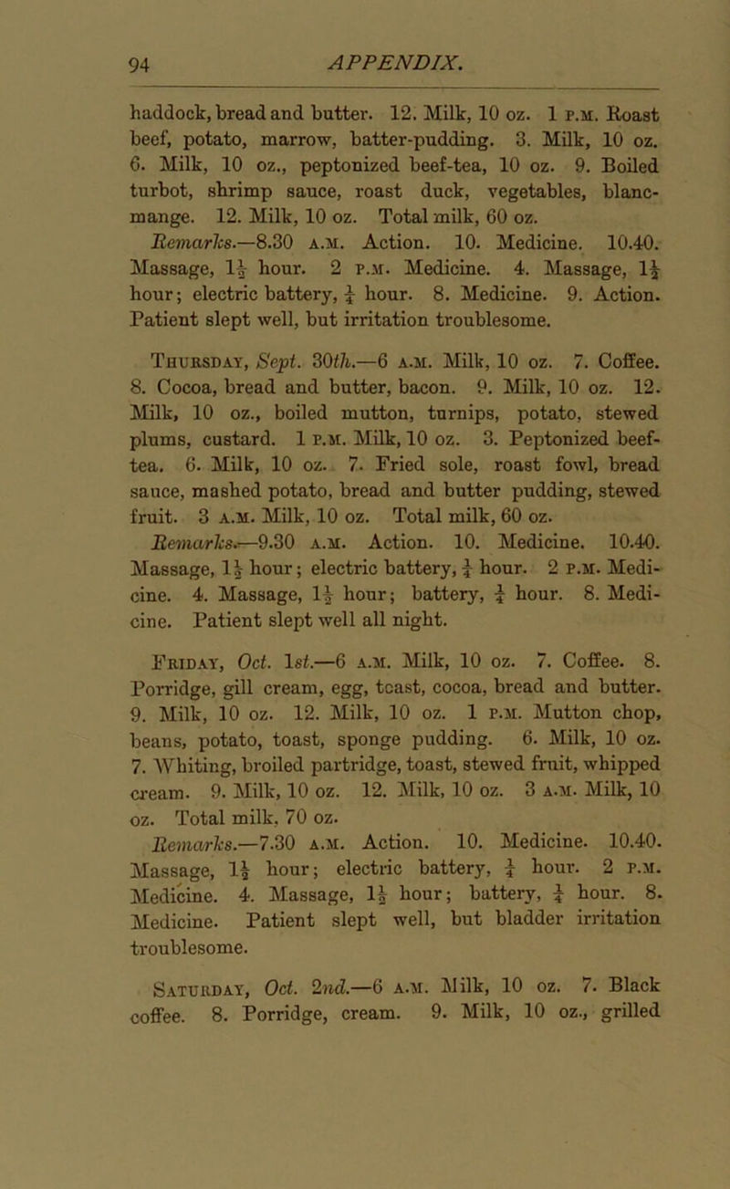haddock, bread and butter. 12. Milk, 10 oz. 1 p.m. Roast beef, potato, marrow, batter-pudding. 3. Milk, 10 oz. 6. Milk, 10 oz., peptonized beef-tea, 10 oz. 9. Boiled turbot, shrimp sauce, roast duck, vegetables, blanc- mange. 12. Milk, 10 oz. Total milk, 60 oz. Remarks.—8.30 a.m. Action. 10. Medicine. 10.40. Massage, li hour. 2 p.m. Medicine. 4. Massage, 11- hour; electric battery, J hour. 8. Medicine. 9. Action. Patient slept well, but irritation troublesome. Thursday, Sept. 30tli.—6 a.m. Milk, 10 oz. 7. Coffee. 8. Cocoa, bread and butter, bacon. 9. Milk, 10 oz. 12. iMilk, 10 oz., boiled mutton, turnips, potato, stewed plums, custard. 1 p.m. Milk, 10 oz. 3. Peptonized beef- tea. 6. Milk, 10 oz. 7. Fried sole, roast fowl, bread sauce, mashed potato, bread and butter pudding, stewed fruit. 3 a.m. Milk, 10 oz. Total milk, 60 oz. Remarks.—9.30 a.m. Action. 10. Medicine. 10.40. Massage, 1 b hour; electric battery, J hour. 2 p.m. Medi- cine. 4. Massage, 1^ hour; battery, i hour. 8. Medi- cine. Patient slept well all night. Friday, Oct. 1st.—6 a.m. Milk, 10 oz. 7. Coffee. 8. Porridge, gill cream, egg, toast, cocoa, bread and butter. 9. Milk, 10 oz. 12. Milk, 10 oz. 1 p.m. Mutton chop, beans, potato, toast, sponge pudding. 6. Milk, 10 oz. 7. Whiting, broiled partridge, toast, stewed fruit, whipped cream. 9. Milk, 10 oz. 12. Milk, 10 oz. 3 a.m. Milk, 10 oz. Total milk, 70 oz. Remarks.—7.30 a.m. Action. 10. Medicine. 10.40. Massage, H hour; electric battery, £ hour. 2 p.m. Medicine. 4. Massage, 1£ hour; battery, £ hour. 8. Medicine. Patient slept well, but bladder irritation troublesome. Saturday, Oct. 2nd.—6 a.m. Milk, 10 oz. 7. Black coffee. 8. Porridge, cream. 9. Milk, 10 oz., grilled