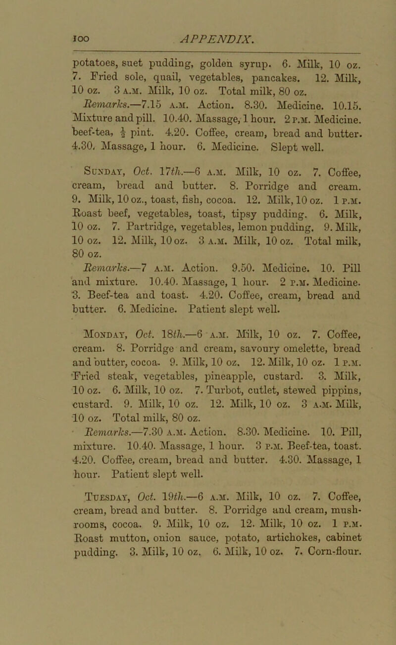 potatoes, suet pudding, golden syrup. 6. Milk, 10 oz. 7. Fried sole, quail, vegetables, pancakes. 12. Milk, 10 oz. 3 a.m. Milk, 10 oz. Total milk, 80 oz. Remarks.—7.15 a.m. Action. 8.30. Medicine. 10.15. Mixture and pill. 10.40. Massage, 1 hour. 2 r.M. Medicine, beef-tea, % pint. 4.20. Coffee, cream, bread and butter. 4.30, Massage, 1 hour. 6. Medicine. Slept well. Sunday, Oct. 17th.—6 a.m. Milk, 10 oz. 7. Coffee, cream, bread and butter. 8. Porridge and cream. 9. Milk, 10 oz., toast, fish, cocoa. 12. Milk, 10 oz. 1 r.M. Roast beef, vegetables, toast, tipsy pudding. 6. Milk, 10 oz. 7. Partridge, vegetables, lemon pudding. 9. Milk, 10 oz. 12. Milk, 10 oz. 3 a.m. Milk, 10 oz. Total milk, 80 oz. Remarks.—7 a.m. Action. 9.50. Medicine. 10. Pill and mixture. 10.40. Massage, 1 hour. 2 r.M. Medicine. ■3. Beef-tea and toast. 4.20. Coffee, cream, bread and butter. 6. Medicine. Patient slept well. Monday, Oct. 18th.—6 a.m. Milk, 10 oz. 7. Coffee, cream. 8. Porridge and cream, savoury omelette, bread and butter, cocoa. 9. Milk, 10 oz. 12. Milk, 10 oz. 1 r.M. 'Fried steak, vegetables, pineapple, custard. 3. Milk, 10 oz. 6. Milk, 10 oz. 7. Turbot, cutlet, stewed pippins, custard. 9. Milk, 10 oz. 12. Milk, 10 oz. 3 a.m. Milk, 10 oz. Total milk, 80 oz. Remarks.—7.30 a.m. Action. 8.30. Medicine. 10. Pill, mixture. 10.40. Massage, 1 hour. 3 r.M. Beef-tea, toast. 4.20. Coffee, cream, bread and butter. 4.30. Massage, 1 hour. Patient slept well. Tuesday, Oct. 19th.—6 a.m. Milk, 10 oz. 7. Coffee, cream, bread and butter. 8. Porridge and cream, mush- rooms, cocoa. 9. Milk, 10 oz. 12. Milk, 10 oz. 1 r.M. Boast mutton, onion sauce, potato, artichokes, cabinet