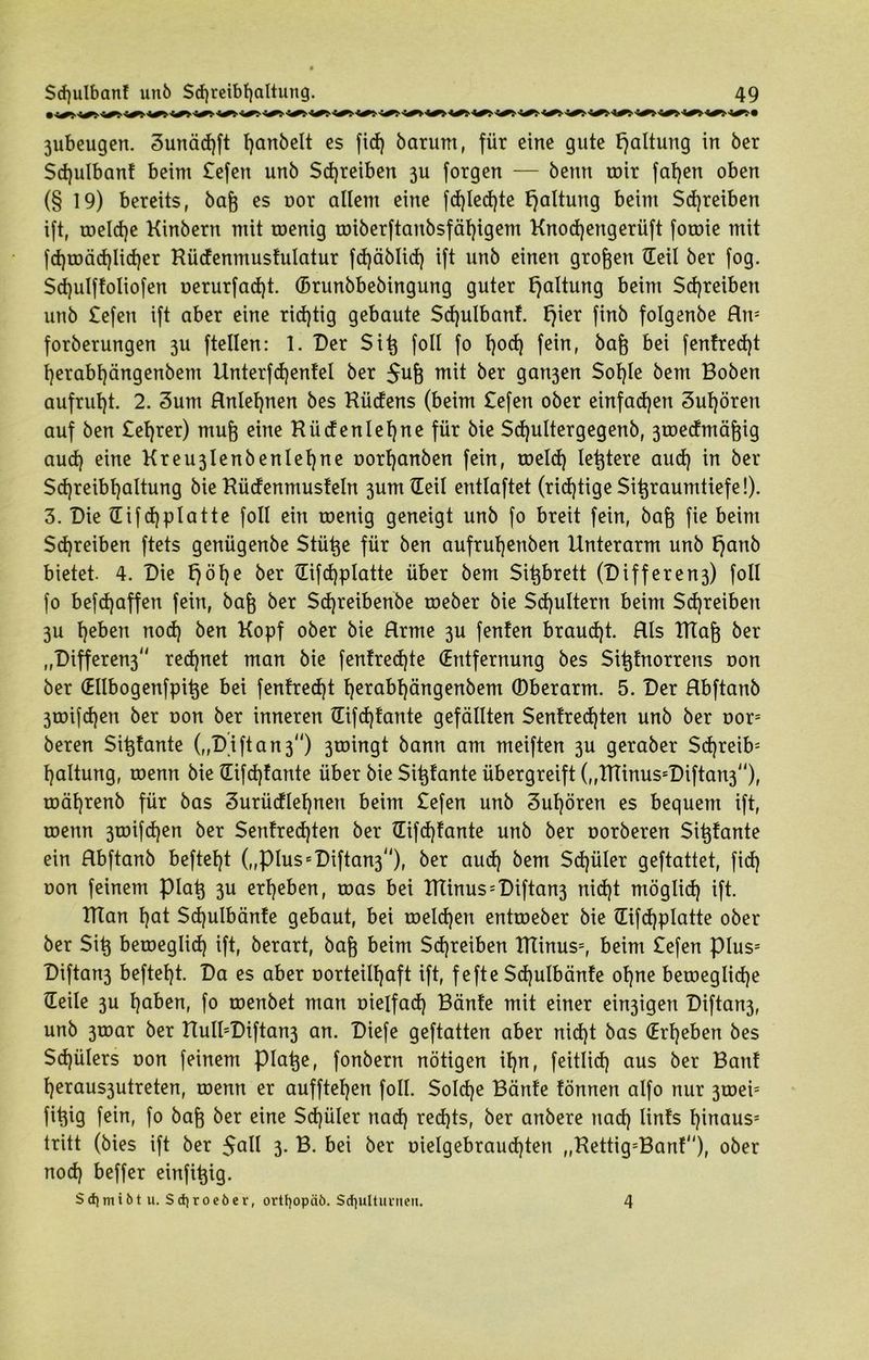 3ubeugen. 3unäd)ft fyanbelt es fid) barum, für eine gute Haltung in 6er Sdjulbanf beim £efett unb Schreiben 3U forgen — benn toir fat)en oben (§ 19) bereits, bafe es oor allem eine fd)led)te Haltung beim Schreiben ift, roeldje Kinbern mit toenig toiberftanbsfäljigem Knodjengerüft foroie mit fd)toäd)Iid)er Küdenmusfulatur fdjäblid) ift unb einen großen Heil ber fog. Sdjulffoliofen oerurfadjt. (Brunbbebingung guter Haltung beim Schreiben unb £efen ift aber eine richtig gebaute Sdjulbanf. fjier finb folgenbe Hn= forberungen 311 ftellen: 1. Der Sit} foll fo t)ocf) fein, baß bei (entrecht Ijerabljängenbem Unterfdjenfel ber $uf) mit ber gan3en Sol)le bem Boben aufruljt. 2. 3um Rnlefjnen bes Hücfens (beim £efen ober einfachen 3uf)ören auf ben £ef)rer) mu§ eine Hü cf enlel)ne für bie Sdjultergegenb, 3roecfmä^ig aud) eine Kreu3lenbenlel)ne r»orl)anben fein, toeld) letztere aud) in ber Schreibfjaltung bie Küdenmusfeln 3umHeil entlaftet (richtige Sitjraumtiefe!). 3. Die Hifdjplatte foll ein toenig geneigt unb fo breit fein, bafj fie beim Schreiben ftets genügenbe Stütze für ben aufruljenben Unterarm unb f)anb bietet. 4. Die f)öl)e ber Hifd)platte über bem Sitjbrett (Differen3) foll fo befd)affen fein, bafj ber $d)reibenbe roeber bie Schultern beim $d)reiben 3U Ijeben nocf) ben Kopf ober bie Rrme 3U fenfen braucht. RIs Htafj ber „Differen3 rechnet man bie fenfred)te (Entfernung bes Siijfnorrens oon ber (Ellbogenfpitje bei fenfred)t f)erabl)ängenbem (Dberarm. 5. Der Rbftanb 3t»ifcf)en ber oon ber inneren Hifd)fante gefällten Senfred)ten unb ber oors beren Sit}fante („D ift an 3) 3toingt bann am meiften 3U geraber $djreib; Haltung, toenn bie Hifd)fante über bie Si^fante übergreift (,,TTTinus=Diftan3<<), toäfyrenb für bas 3urüdlefjnen beim £efen unb 3ul)ören es bequem ift, toenn 3toifd)en ber Senfred)ten ber Hifdjfante unb ber oorberen Si^fante ein Hbftanb beftefyt („piussDiftan3), ber aud) bem Sd)üler geftattet, fid) oon feinem piatj 3U ergeben, toas bei Htinus = Diftan3 nid)t möglid) ift. HTan l)at Sdjulbänfe gebaut, bei roeld)ert enttoeber bie Hifdjplatte ober ber Sit} betoeglid) ift, berart, baf} beim Schreiben HIinus=, beim £efen piuss Diftari3 beftel)t. Da es aber oorteill)aft ift, f efte Sdjulbänfe of)ne betoeglidje Heile 3U Ijaben, fo roenbet man oielfad) Bänfe mit einer ewigen Diftan3, unb 3toar ber UulbDiftan3 an. Diefe geftatten aber nid)t bas (Ergeben bes Scfjülers oon feinem platte, fonbern nötigen il)n, feitlid) aus ber Banf ljeraus3utreten, toenn er aufftel)en foll. Solche Bänfe fönnen alfo nur 3toei= fit}ig fein, fo baf} ber eine Sdjüler nad) redjts, ber anbere nad) linfs Ijinaus5 tritt (bies ift ber 5all 3. B. bei ber oielgebraudjten „Hettig=Banf), ober nod) beffer einfit}ig. Sd)mi6t u. Sdjroeöcr, ortfyopäb. Schulturnen. 4