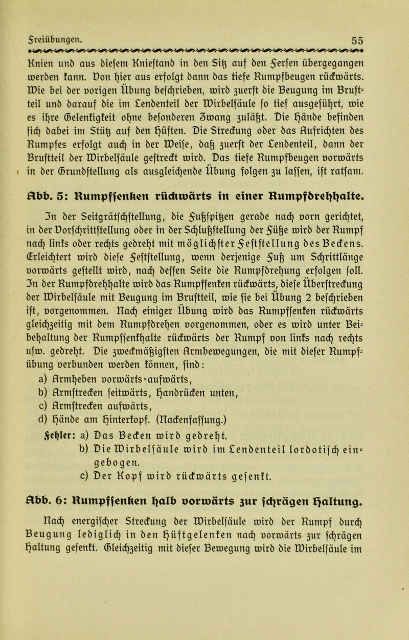 Knien unb aus biefent Knieftanb in ben Sit} auf ben $erfen übergegangen roerben tarnt. Don I)ier aus erfolgt bann bas tiefe Kumpfbeugen rüdroärts. IDie bei ber oorigen Übung befdjrieben, roirb 3uerft bie Beugung im Bruft= teil unb barauf bie im Senbenteil ber IDirbelfäuIe fo tief ausgefüf)rt, toie es ifjre (belenfigfeit ohne befonberen 3roang 3uläfjt. Die tjänbe befinben fid) babei im Stüt} auf ben lüften. Bie Stredung ober bas Hufrid)ten bes Kumpfes erfolgt aud) in ber EDeife, bafj 3uerft ber Senbenteil, bann ber Bruftteil ber IDirbelfäuIe geftredt roirb. Bas tiefe Kumpfbeugen oorroärts in ber ©runbftellung als ausgleidjenbe Übung folgen 3U Iaffen, ift ratfam. Mb. 5: Kumpf fenben rücbtoärts in einer Kumpfbrefyfyalte. 3tt ber Seitgrätfdjftellung r bie ^u^fpi^en gerabe nad) oorn gerichtet, in ber Dorfdjrittftellung ober in ber Sd)luf}fteIIung ber$ü§e roirb ber Kumpf nad) lints ober redjts gebrel)t mit möglid)fter $eftftellung besBedens. (Erleichtert roirb biefe SeftfteIIung, roenn berjenige $uft um Sdjrittlänge oorroärts geftellt roirb, nad) beffen Seite bie Kumpfbreljung erfolgen foll. 3n ber Kumpfbrehhalte roirb bas Kumpffenten rüdroärts, biefe Überftredung ber IDirbelfäuIe mit Beugung im Bruftteil, roie fie bei Übung 2 befdjrieben ift, oorgenommen. Kad) einiger Übung roirb bas Kumpffenten rüdroärts gleid)3eitig mit bem Kumpfbrefjen oorgenommen, ober es roirb unter Bei= betjaltung ber Kumpffenfl)alte rüdroärts ber Kumpf oon lints nad) red)ts ufto. gebrel)t. Bie 3toedmäf}igften Hrntberoegungen, bie mit biefer Kumpf= Übung oerbunben roerben fönnen, finb: a) Hrmljeben oorroärts;aufroärts, b) Hrmftreden feitroärts, f)anbrüdett unten, c) Hrmftreden aufroärts, d) t)änbe am f)interfopf. (Kadenfaffung.) Sefjler: a) Bas Beden roirb gebret)t. b) Bie IDirbelfäuIe roirb im Senbenteil lorbotifd) eins gebogen. c) Ber Kopf roirb rüdroärts gefenft. Mb. 6: Kumpffenben fyalb uormärts 3ur (prägen Fjaltung. Kad) energifdjer Stredung ber IDirbelfäuIe roirb ber Kumpf burd) Beugung Iebiglid) in ben fjüftgelenfen nad) oorroärts 3ur fd)rägen Haltung gefenft. (5Ieid)3eitig mit biefer Beroegung roirb bie IDirbelfäuIe im