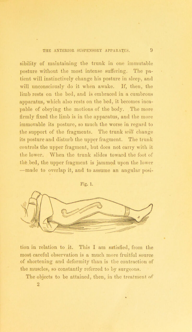 sibility of maintaining the trunk in one iminiitable posture without the most intense suffering. The pa- tient will instinctively change his posture in sleep, and will unconsciously do it when awake. If, then, the lirnh rests on the bed, and is embraced in a cumbrous apparatus, which also rests on the bed, it becomes inca- pable of obeying the motions of the body. The more lirmly fixed the limb is in the apparatus, and the more immovable its posture, so much the worse in regard to the support of the fragments. The trunk loill cliange its posture and disturb the upper fragment. The trunk controls the upper fragment, but does not carry with it the lower. When the trunk slides toward the foot of tbfe bed, the upper fragment is jammed upon the lower —made to overlap it, and to assume an angular posi- Fig. 1. tion in relation to it. This I am satisfied, from the most careful observation is a much more fruitful source of shortening and deformity than is the contraction of the muscles, so constantly referred to by surgeons. The objects to be attained, then, in the treatment of 2