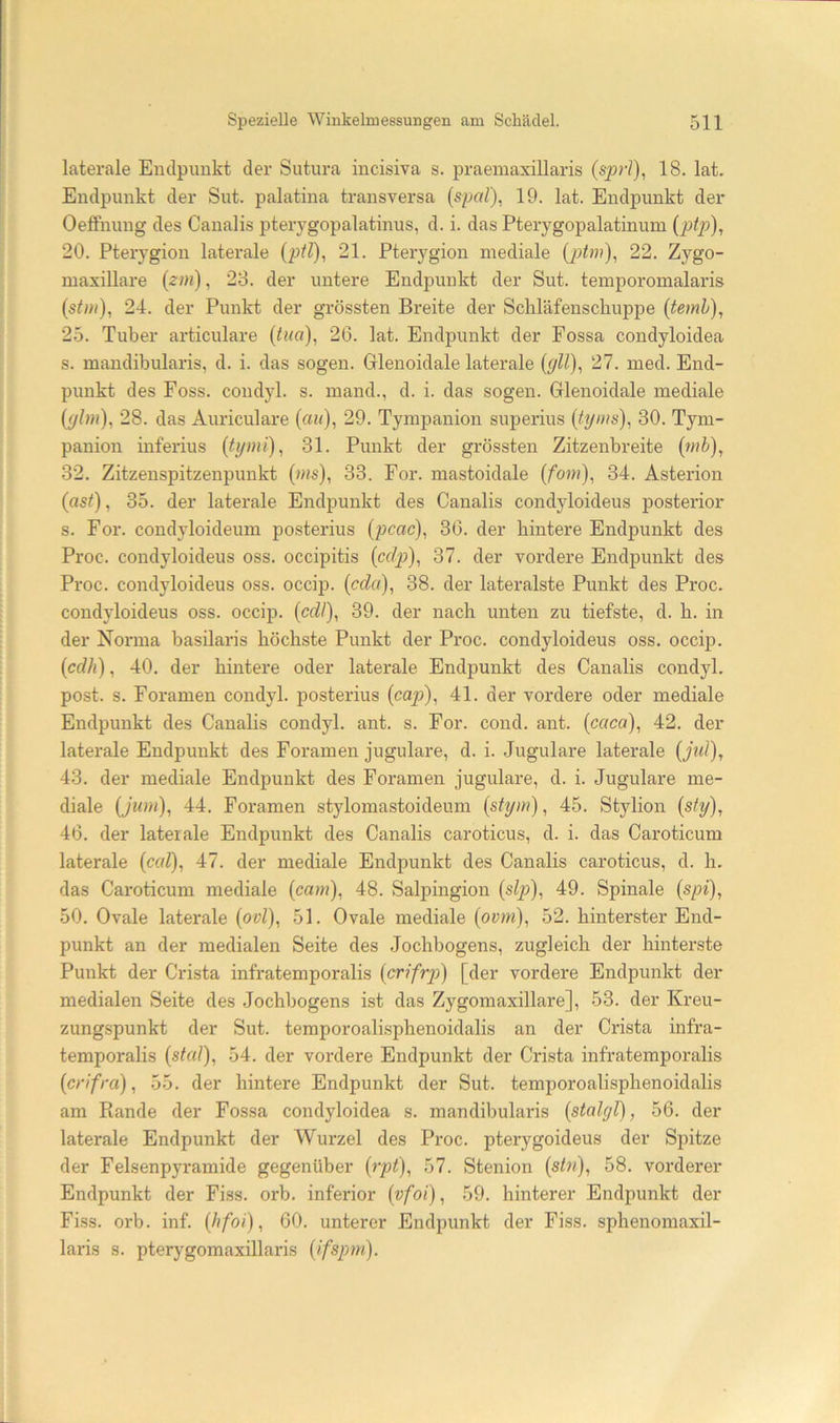 laterale Endpunkt der Sutura incisiva s. praeinaxillaris (sprl)^ 18. lat. Endpunkt der Sut. palatina transversa {sixd). 19. lat. Endpunkt der Oeffnung des Canalis pterygopalatinus, d. i. das Pterygopalatinum {ptp), 20. Pterygion laterale {ptl), 21. Pterygion mediale 22. Zygo- maxillare (^/n), 28. der untere Endpunkt der Sut. teinporoinalaris (sO«), 24. der Punkt der grössten Breite der Scliläfenscliuppe (temh)^ 25. Tuber articulare {tua), 26. lat. Endpunkt der Fossa coudyloidea s. mandibularis, d. i. das sogen. Glenoidale laterale (gll), 27. med. End- punkt des Foss. condyl. s. inand., d. i. das sogen. Glenoidale mediale 28. das Auriculare {cm), 29. Tympanion superius {hjms), 30. Tym- panion inferius [tijmi), 31. Punkt der grössten Zitzenbreite {mh), 32. Zitzenspitzenpunkt (»?s), 33. For. mastoidale [fom), 34. Asterion {ast), 35. der laterale Endpunkt des Canalis condyloideus posterior s. For. coudyloideum posterius {pcac), 36. der hintere Endpunkt des Proc. condyloideus oss. occipitis [cclp), 37. der vordere Endpunkt des Proc. condyloideus oss. occip. {cda), 38. der lateralste Punkt des Proc. condyloideus oss. occip. {cdl), 39. der nach unten zu tiefste, d. h. in der Norma basilaris höchste Punkt der Proc. condyloideus oss. occip. {cdh), 40. der hintere oder laterale Endpunkt des Canalis condyl. post. s. Foramen condyl. posterius [cap), 41. der vordere oder mediale Endpunkt des Canalis condyl. ant. s. For. cond. ant. {caca), 42. der laterale Endpunkt des Foramen jugulare, d. i. Jugulare laterale {jul), 43. der mediale Endpunkt des Foramen jugulare, d. i. Jugulare me- diale {jimi), 44. Foramen stylomastoideum {dym), 45. Stylion {sty), 46. der laterale Endpunkt des Canalis caroticus, d. i. das Caroticum laterale {ccd), 47. der mediale Endpunkt des Canalis caroticus, d. h. das Caroticum mediale (cam), 48. SaliDingion (slp), 49. Spinale (spO? 50. Ovale laterale (ovl), 51. Ovale mediale (ovm), 52. hinterster End- punkt an der medialen Seite des Jochbogens, zugleich der hinterste Punkt der Cri.sta infratemporalis (crifrp)) [der vordere Endpunkt der medialen Seite des Jochbogens ist das Zygomaxillare], 53. der Kreu- zungspunkt der Sut. temporoalisphenoidalis an der Crista infra- temporalis (staJ), 54. der vordere Endpunkt der Crista infratemporalis {crifra), 55. der hintere Endpunkt der Sut. temporoalisphenoidalis am Piande der Fossa coudyloidea s. mandibularis {stalcjl), 56. der laterale Endpunkt der Wurzel des Proc. pterygoideus der Spitze der Felsenpyramide gegenüber {rpt), 57. Stenion {stn), 58. vorderer Endpunkt der Fiss. orb. inferior {vfoi), 59. hinterer Endpunkt der Fiss. orb. inf. {hfoi), 60. unterer Endpunkt der Fiss. sphenomaxil- laris s. pterygomaxillaris {ifspm).