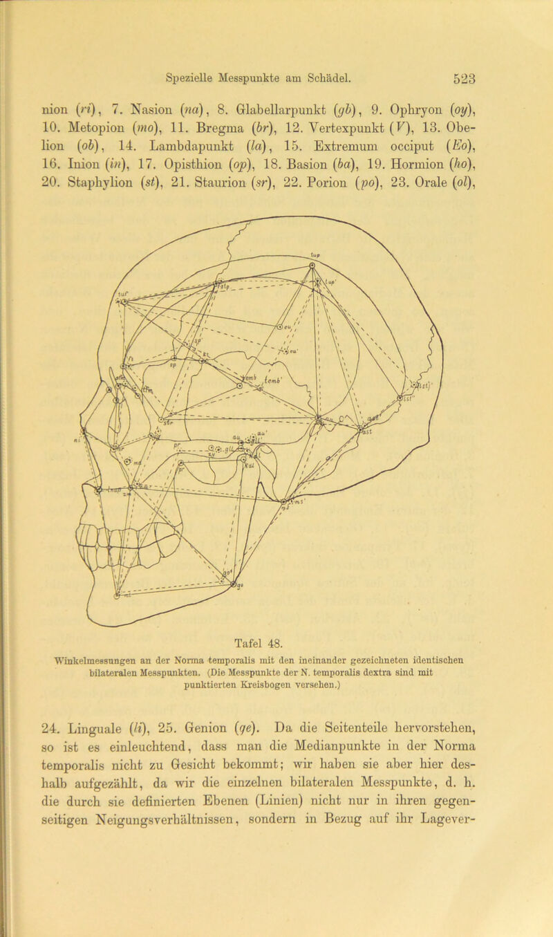 nion (n), 7. Nasion («a), 8. Glabellarpunkt {gh), 9. Opbryon (oy), 10. Metopion (uw), 11. Bregma (6r), 12. Vertexpunkt (F), 13. Obe- lion (oi), 14. Lambdapunkt (te), 15. Extremum occiput (E'o), 16. Inion (i«), 17. Opisthion (op), 18. Basion (6a), 19. Hormion (6o), 20. Stapbylion (s/), 21. Staurion (sr), 22. Porion (po), 23. Orale (ol), Tafel 48. Winkelmessangen an der Norma temporalis mit den ineinander gezeichneten identischen bilateralen Messpunkten. (Die Messpunkte der N. temporalis dextra sind mit punktierten Kreisbogen versehen.) 24. Linguale (/i), 25. Genion (ge). Da die Seitenteile bervorstelien, so ist es einleuchtend, dass man die Medianpunkte in der Norma temporalis nicht zu Gesicht bekommt; wir haben sie aber hier des- halb aufgezählt, da wir die einzelnen bilateralen Messpunkte, d. h. die durch sie definierten Ebenen (Linien) nicht nur in ihren gegen- seitigen Neigungsverhältnissen, sondern in Bezug auf ihr Lagever-