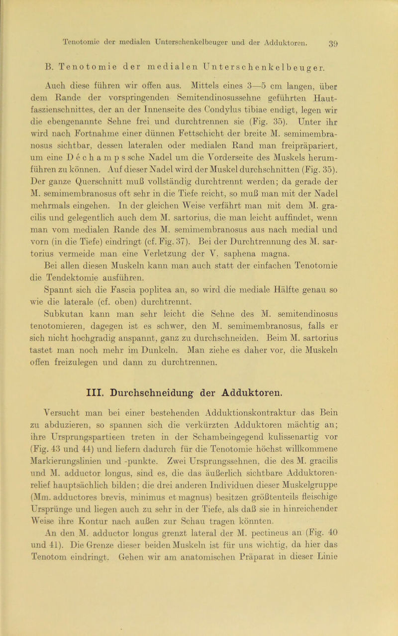 Tcnotomie der medialen Unterschenkelbeuger und der Adduktoren. 31) B. T e n 0 t o m i e der medialen U n t e r s c h e n k e 1 b e u g e r. Auch diese führen wir offen aus. Mittels eines 3—5 cm langen, über dem Rande der vorspringenden Semitendinosussehne geführten Haut- faszienschnittes, der an der Innenseite des Condyhis tibiae endigt, legen wir die ebengenaimte Sehne frei und durchtrenuen sie (Fig. 35). Unter ihr wird nach Fortnahme einer dünnen Fettschicht der breite M. semimembra- nosus sichtbar, dessen lateralen oder medialen Rand man freipräpariert, um eine D e c h a m p s sehe Nadel um die Vorderseite des Muskels herum- führen zn können. Auf dieser Nadel wird der Muskel durchschnitten (Fig. 35). Der ganze Querschnitt muß vollständig durchtrennt werden; da gerade der M. semimembranosus oft sehr in die Tiefe reicht, so muß man mit der Nadel mehrmals eingehen. In der gleichen Weise verfährt man mit dem M. gra- eihs und gelegentlich auch dem M. sartorius, die man leicht auffindet, wenn man vom medialen Rande des M. semimembranosus aus nach medial und vorn (in die Tiefe) eindringt (cf. Fig. 37). Bei der Durchtrennung des M. sar- torius vermeide man eine Verletzung der V. saphena magna. Bei allen diesen Muskeln kann man auch statt der einfachen Tenotomie die Tendektomie ausführen. Spannt sich die Fascia poplitea an, so wird die mediale Hälfte genau so wie die laterale (cf. oben) durchtrennt. Subkutan kann man sehr leicht die Sehne des M. semitendinosus tenotomieren, dagegen ist es schwer, den M. semimembranosus, falls er- sieh nicht hochgradig anspannt, ganz zu durchschneiden. Beim M. sartorius tastet man noch mehr im Dunkeln. Man ziehe es daher vor, die Muskeln offen freizulegen und dann zu durchtrennen. III. Durchschneidung der Adduktoren. Versucht man bei einer bestehenden Adduktionskontraktur das Bein zu abduzieren, so spannen sich die verkürzten Adduktoren mächtig an; ihre Ursprungspartieen treten in der Schambeingegend kulissenartig vor (Fig. 43 und 44) und liefern dadurch für die Tenotomie höchst willkommene Markierung.slinien und -punkte. Zwei Ursprungssehnen, die des M. gracilis und M. adductor longus, sind es, die das äußerlich sichtbare Adduktoren- relief hauptsächlich bilden; die drei anderen Individuen dieser Muskelgruppe (Mm. adductores brevis, minimus et magnus) besitzen größtenteils fleischige Ursprünge und liegen auch zu sehr in der Tiefe, als daß sie in hinreichender Weise ihre Kontur nach außen zur Schau tragen könnten. An den M. adductor longus grenzt lateral der M. pectineus an (Fig. 40 und 41). Die Grenze dieser beiden Muskeln ist für ims wichtig, da hier das Tenotom eindringt. Gehen wir am anatomischen Präparat in dieser Linie