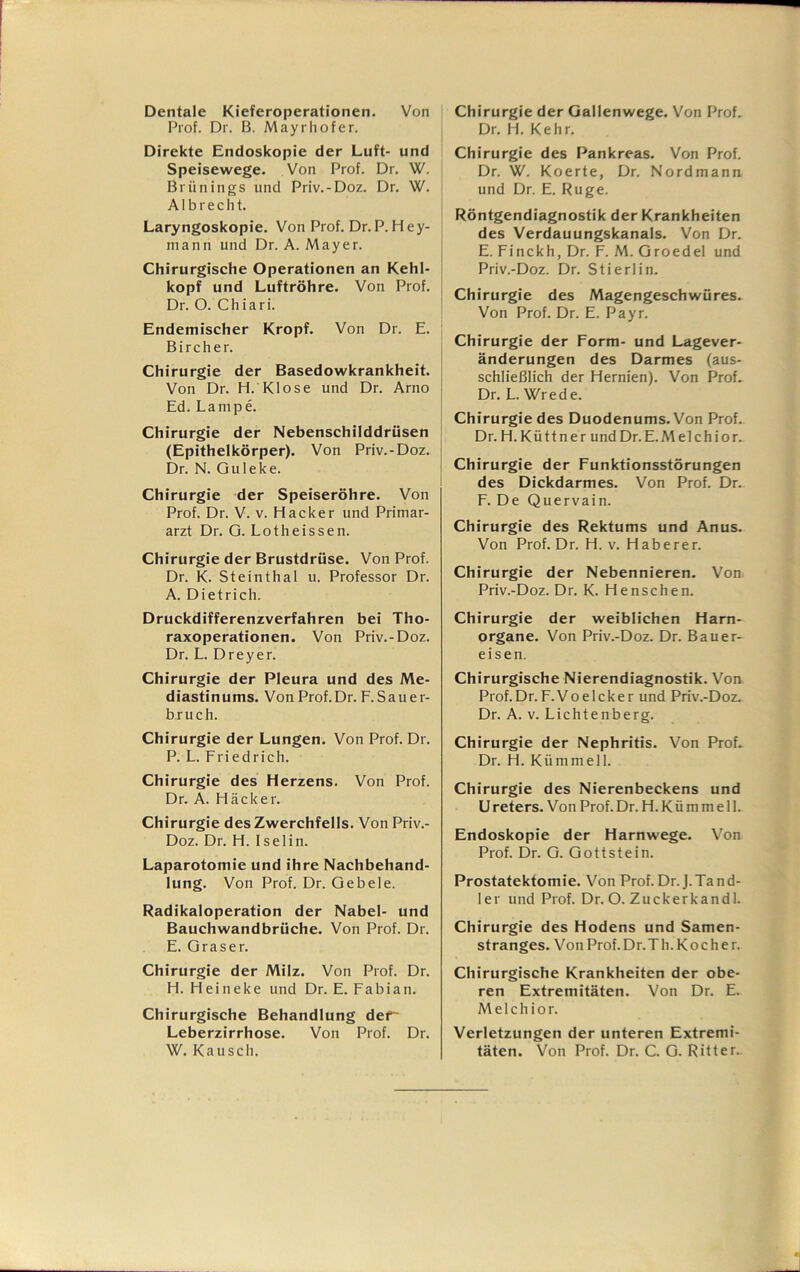 Dentale Kieferoperationen. Von Prof. Dr. B. Mayrhofer. Direkte Endoskopie der Luft- und Speisewege. Von Prof. Dr. W. Brünings und Priv.-Doz. Dr. W. AI b r e c h t. Laryngoskopie. Von Prof. Dr.P.Hey- mann und Dr. A. Mayer. Chirurgische Operationen an Kehl- kopf und Luftröhre. Von Prof. Dr. O. Chiari. Endemischer Kropf. Von Dr. E. B i r c h e r. Chirurgie der Basedowkrankheit. Von Dr. H. Klose und Dr. Arno Ed. Lampe. Chirurgie der Nebenschilddrüsen (Epithelkörper). Von Priv.-Doz. Dr. N. Guleke. Chirurgie der Speiseröhre. Von Prof. Dr. V. V. Hacker und Primar- arzt Dr. G. Lot heissen. Chirurgie der Brustdrüse. Von Prof. Dr. K. Steinthai u. Professor Dr. A. Dietrich. Druckdifferenzverfahren bei Tho- raxoperationen. Von Priv.-Doz. Dr. L. Dreyer. Chirurgie der Pleura und des Me- diastinums. Von Prof.Dr. F.Sauer- bruch. Chirurgie der Lungen. Von Prof. Dr. P. L. Friedrich. Chirurgie des Herzens. Von Prof. Dr. A. Häcker. Chirurgie des Zwerchfells. Von Priv.- Doz. Dr. H. I sei in. Laparotomie und ihre Nachbehand- lung. Von Prof. Dr. Gebele. Radikaloperation der Nabel- und Bauchwandbrüche. Von Prof. Dr. E. Graser. Chirurgie der Milz. Von Prof. Dr. H. Heineke und Dr. E. Fabian. Chirurgische Behandlung def~ Leberzirrhose. Von Prof. Dr. W. Kausch. Chirurgie der Gallenwege. Von ProL Dr. H. Kehr. Chirurgie des Pankreas. Von Prof. Dr. W. Koerte, Dr. Nordmann und Dr. E. Rüge. Röntgendiagnostik der Krankheiten des Verdauungskanais. Von Dr. E. Finckh, Dr. F. M. Groedel und Priv.-Doz. Dr. Stierlin. Chirurgie des Magengeschwüres. Von Prof. Dr. E. Payr. Chirurgie der Form- und Lagever- änderungen des Darmes (aus- schließlich der Hernien). Von Prof. Dr. L. Wrede. Chirurgie des Duodenums. Von Prof. Dr. H.Küttner undDr.E.Melchior. Chirurgie der Funktionsstörungen des Dickdarmes. Von Prof. Dr. F. De Quervain. Chirurgie des Rektums und Anus. Von Prof. Dr. H. v. Haberer. Chirurgie der Nebennieren. Von Priv.-Doz. Dr. K. Henschen. Chirurgie der weiblichen Harn- organe. Von Priv.-Doz. Dr. Bauer- eisen. Chirurgische Nierendiagnostik. Von Prof.Dr.F.Voelcker und Priv.-Doz. Dr. A. V. Lichtenberg. Chirurgie der Nephritis. Von Prof. Dr. H. Kümmell. Chirurgie des Nierenbeckens und Ureters. Von Prof. Dr. H. Kü m m e 11. Endoskopie der Harnwege. Von Prof. Dr. G. Gottstein. Prostatektomie. Von Prof. Dr.J.Tand- ler und Prof. Dr. O. Zuckerkand!. Chirurgie des Hodens und Samen- stranges. Von Prof. Dr.Th. Koc h e r. Chirurgische Krankheiten der obe- ren Extremitäten. Von Dr. E. Melchior. Verletzungen der unteren Extremi- täten. Von Prof. Dr. C. G. Ritter..