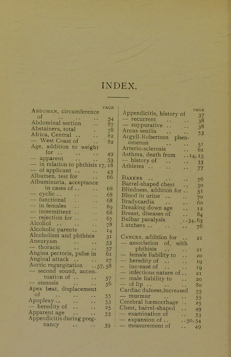 INDEX. a • PAGE Abdomen, circumference Abdominal section .. 87 Abstainers, total . 78 Africa, Central .. .. 82 — West Coast of .. 82 Age, addition to weight for 49 — apparent .. .. 53 — in relation to phthisis 17, 18 — of applicant .. .. 43 Albumen, test for .. 66 Albuminuria, acceptance in cases of .. .. 68 — cyclic 68 — functional 68 — in females .. . , 89 — intermittent .. .. 6S — rejection for .. .. 67 Alcohol .. .. .. 78 Alcoholic parents .. 14 Alcoholism and phthisis 31 Aneurysm .. .. 53 — thoracic .. .. 37 Angina pectoris, pulse in 61 Anginal attack .. .. 27 Aortic regurgitation . .57, 58 — second sound, accen- tuation of .. .. 57 — stenosis .. .. 36 Apex beat, displacement . 0f , 55 Apoplexy 53 — heredity of .. .. 25 Apparent age .. .. 33 Appendicitis during preg- nancy .. .. 39 j Appendicitis, history of — recurrent — suppurative Arcus senilis Argyll-Robertson phen- omenon Arterio-sclerosis Asthma, death from — history of Athletes .. PAGE 37 38 38 53 51 61 14. ij 33 77 Bakers .. Barrel-shaped chest Blindness, addition for Blood in urine .. .. 70 Bradycardia .. .. 60 Breaking down age .. 12 Breast, diseases of .. 84 Bulbar paralysis .. 34,63 Lutchers .. .. '.. 76 Cancer, addition for .. 21 — association of, with phthisis .. .. 21 — female liability to .. 20 — heredity of .. .. 19 — increase of .. .. 19 — infectious nature of .. 21 — male liability to .. 20 — of lip 80 Cardiac dulness,increased 55 — murmur .. .. 33 Cerebral haemorrhage .. 25 Chest, barrel-shaped .. 49 •— examination of .. 53 — expansion of .. ..50,54 — measurement of .. 49